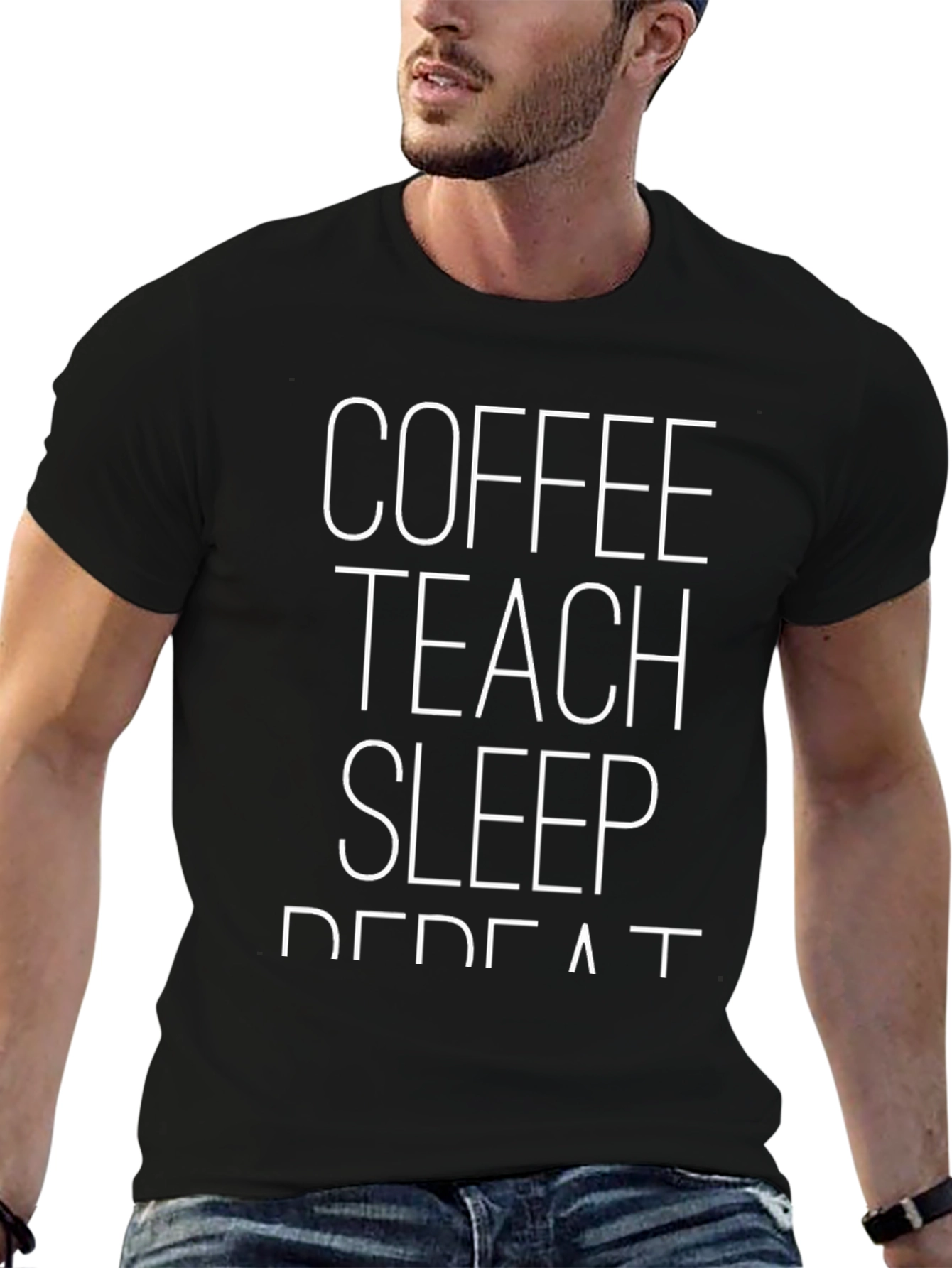 Coffee Teach Sleep Repeat Black Graphic T-Shirt
