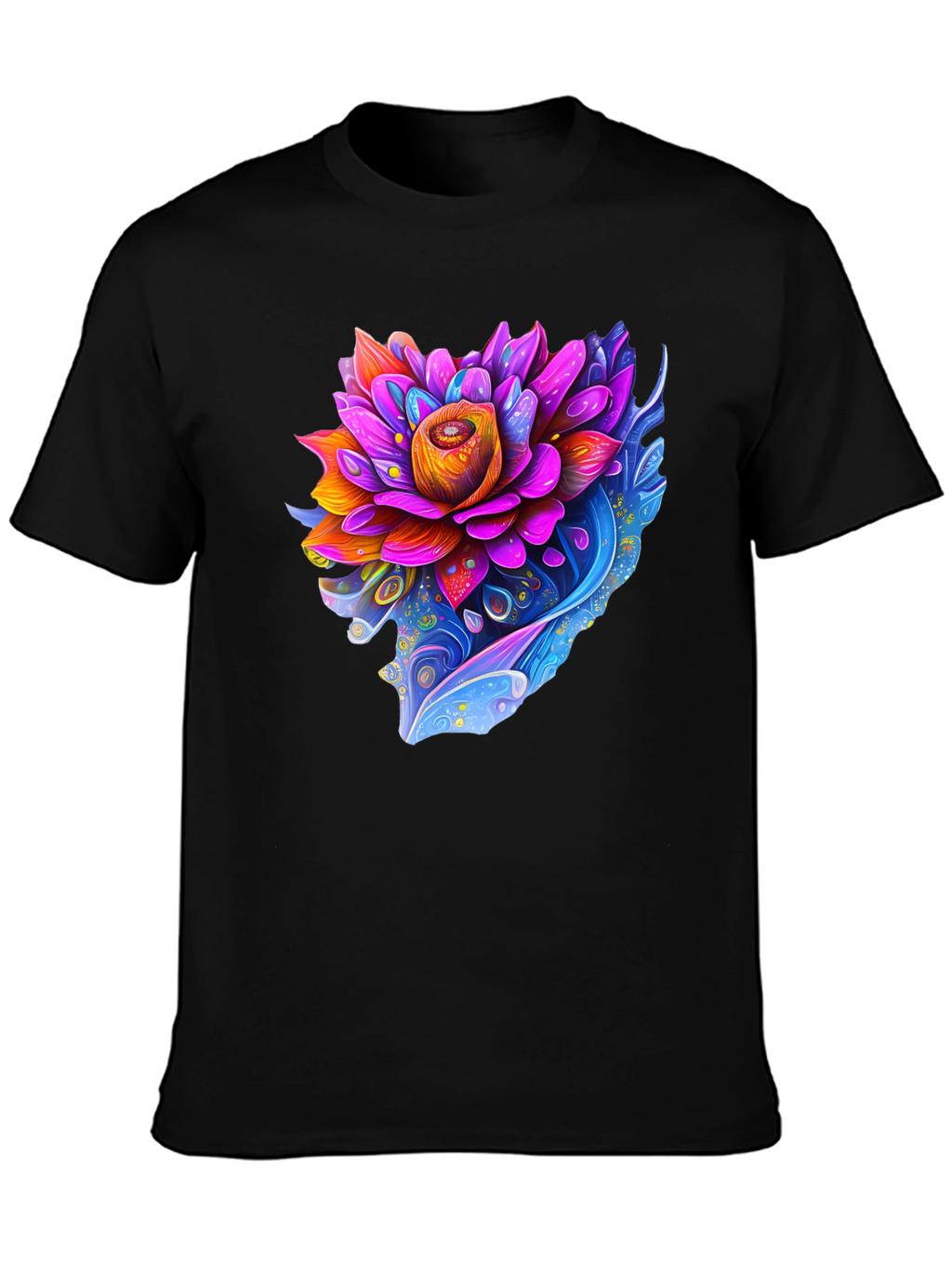 Vibrant Lotus Flower Graphic Black T-Shirt