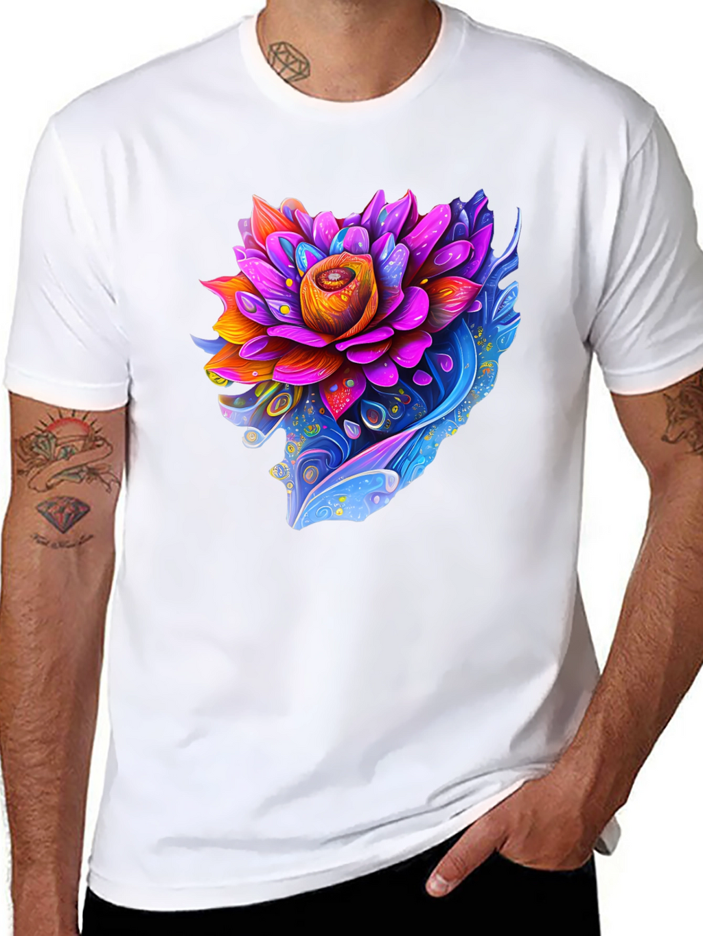 Vibrant Lotus Flower Graphic Black T-Shirt