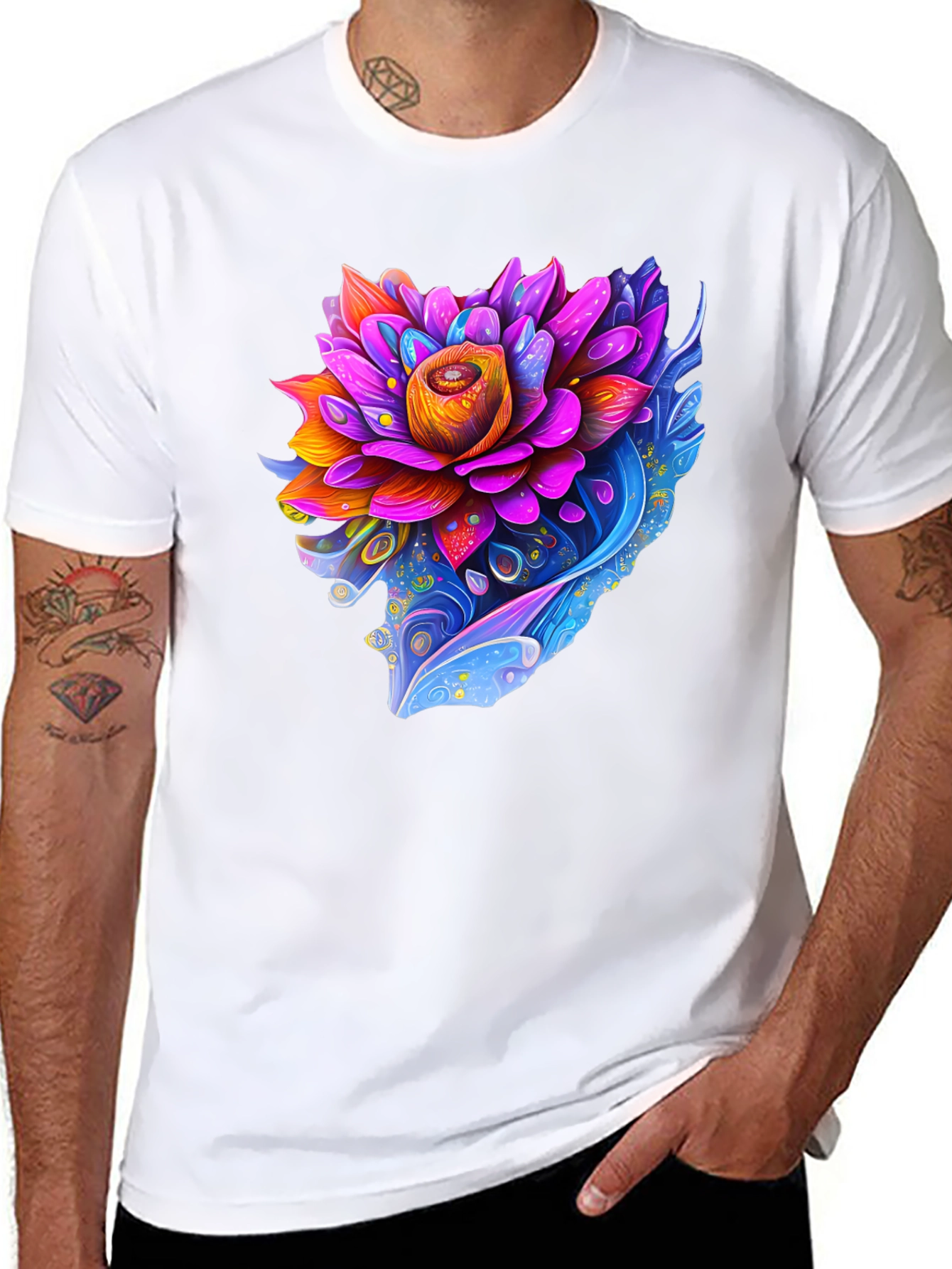 Vibrant Lotus Flower Graphic Black T-Shirt