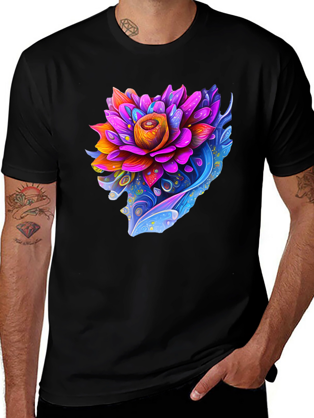 Vibrant Lotus Flower Graphic Black T-Shirt