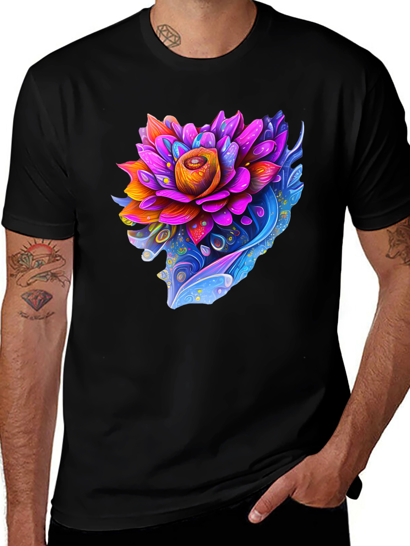 Vibrant Lotus Flower Graphic Black T-Shirt