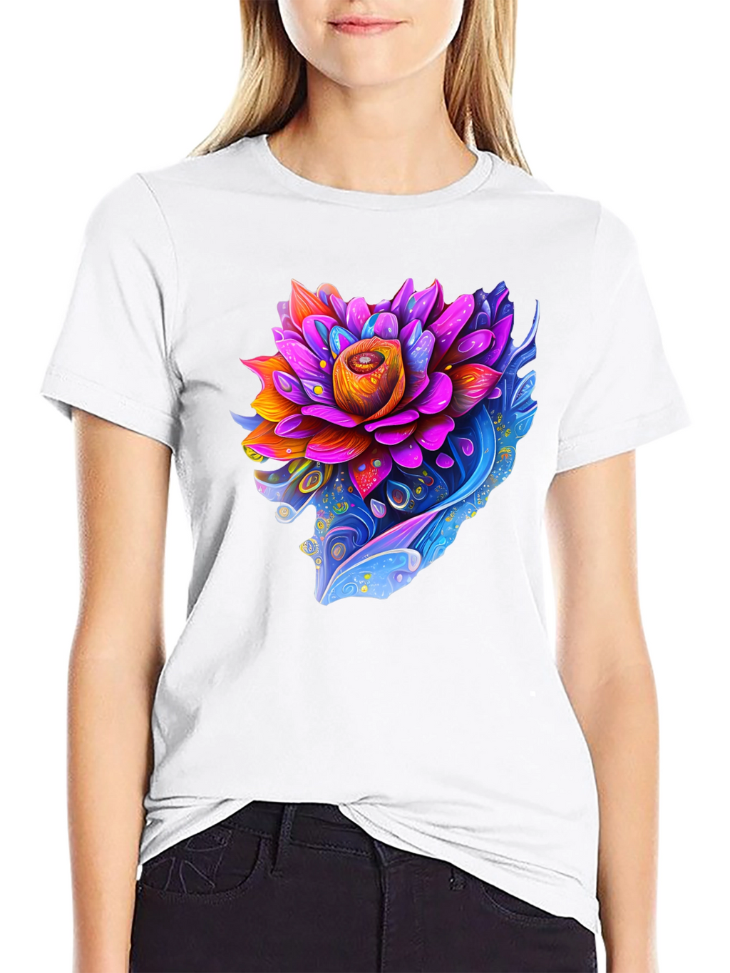 Vibrant Lotus Flower Graphic Black T-Shirt