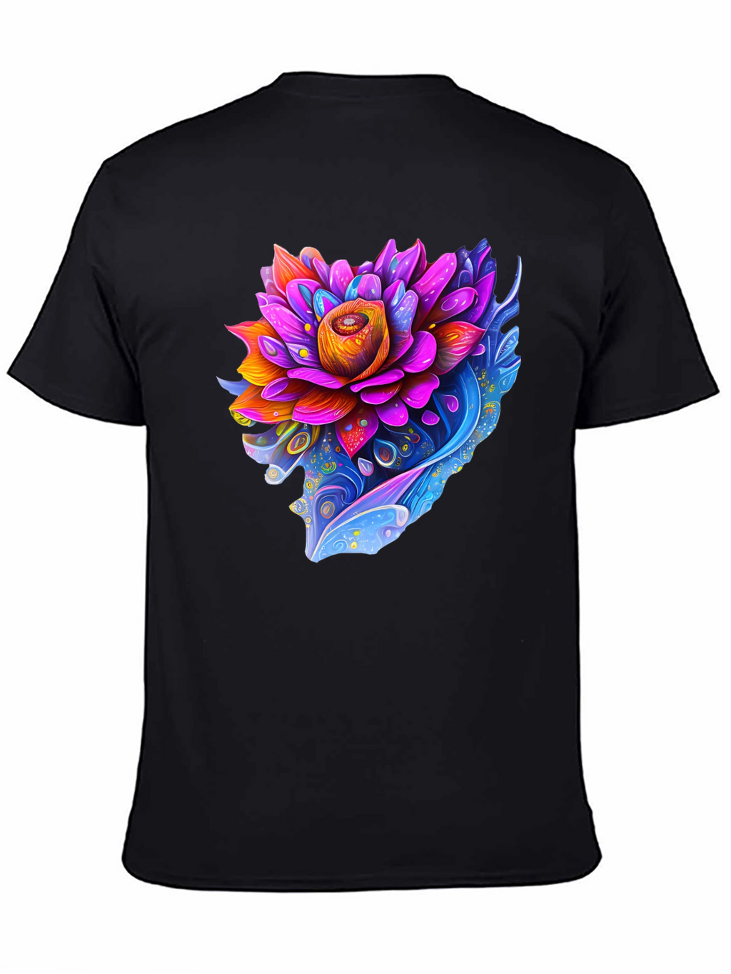 Vibrant Lotus Flower Graphic Black T-Shirt