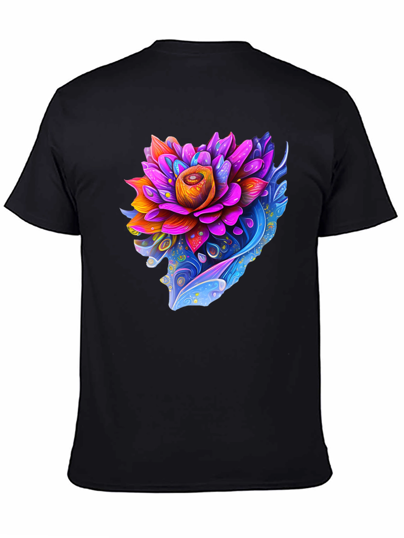 Vibrant Lotus Flower Graphic Black T-Shirt