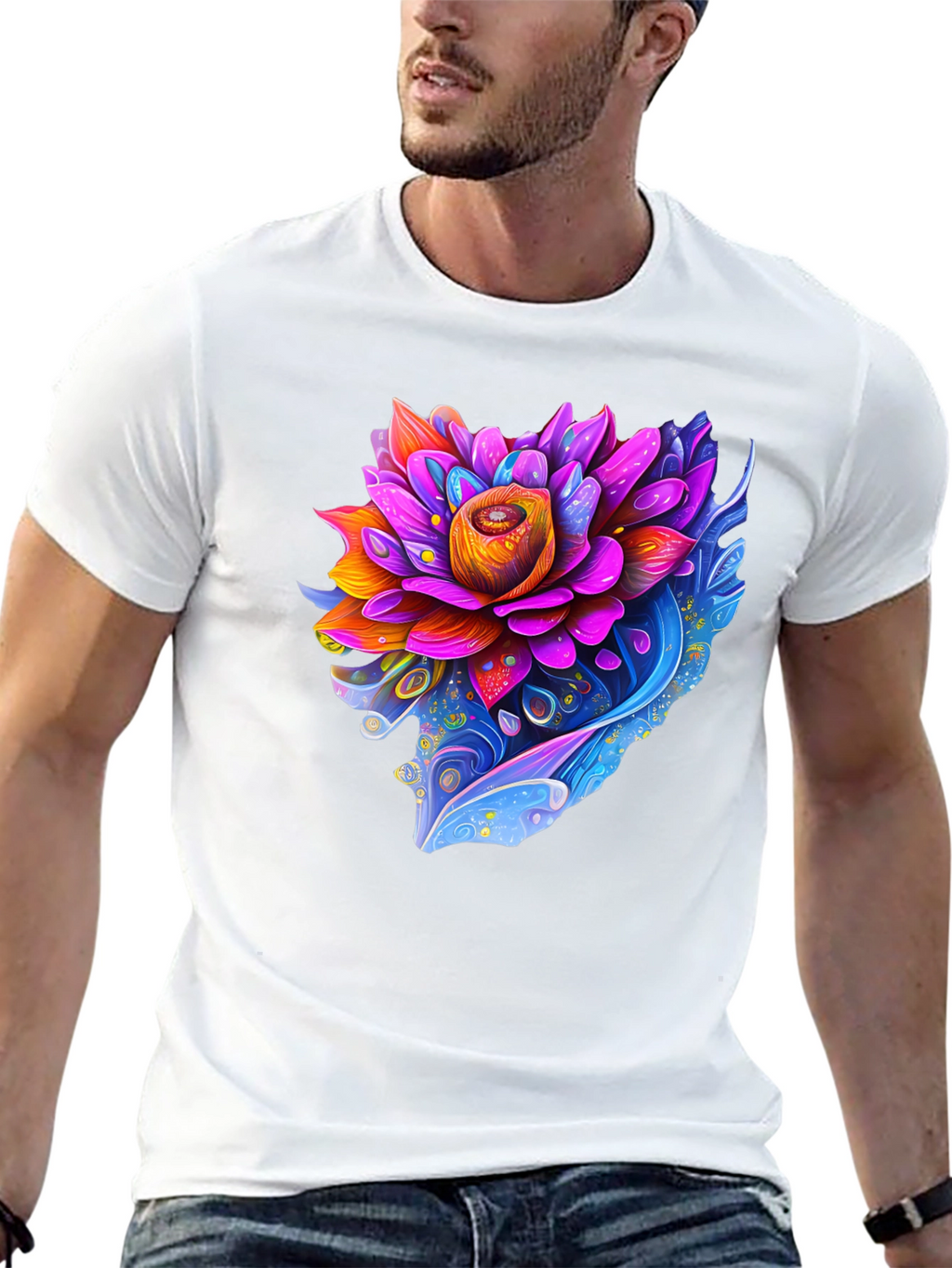 Vibrant Lotus Flower Graphic Black T-Shirt