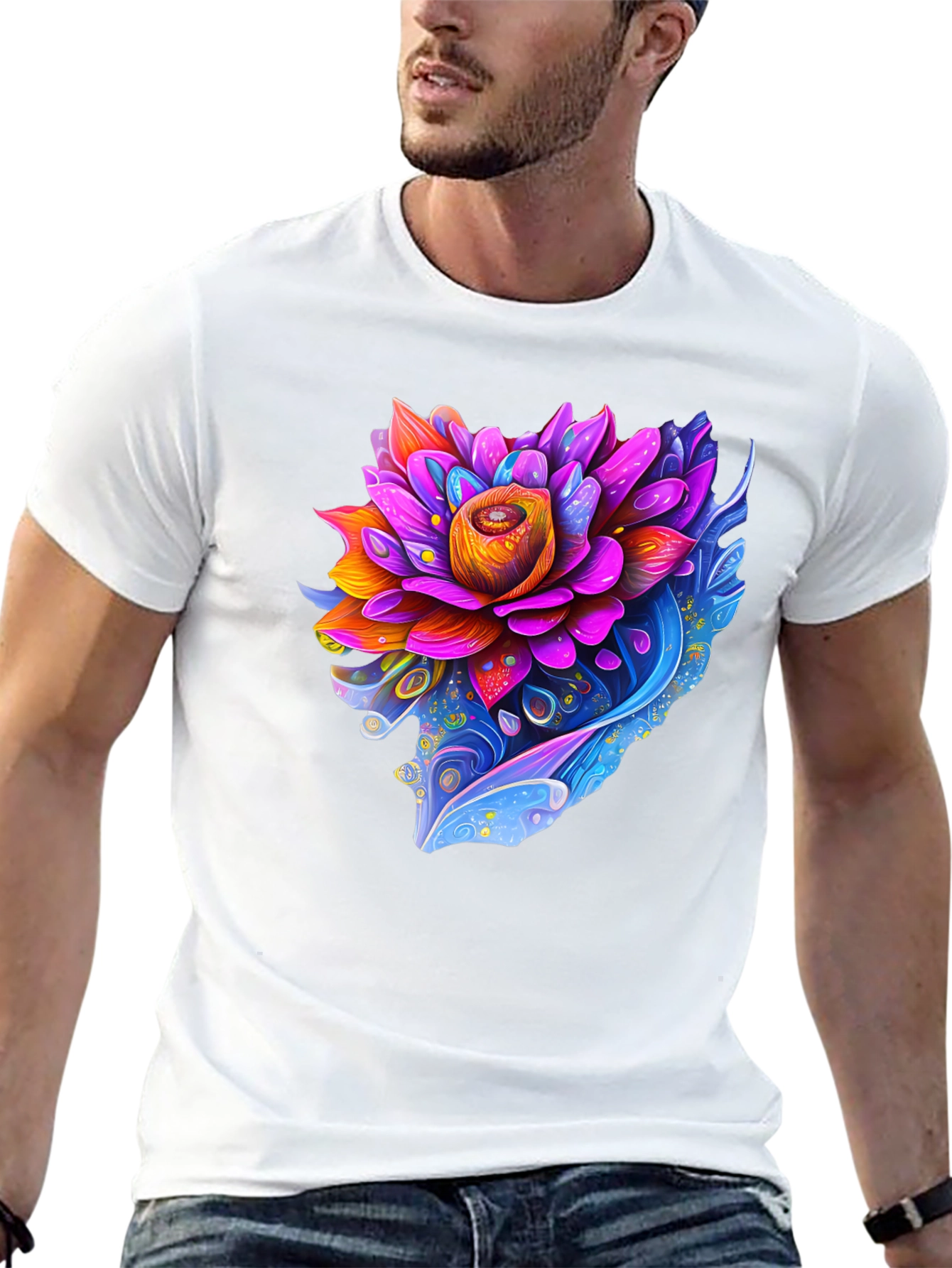 Vibrant Lotus Flower Graphic Black T-Shirt