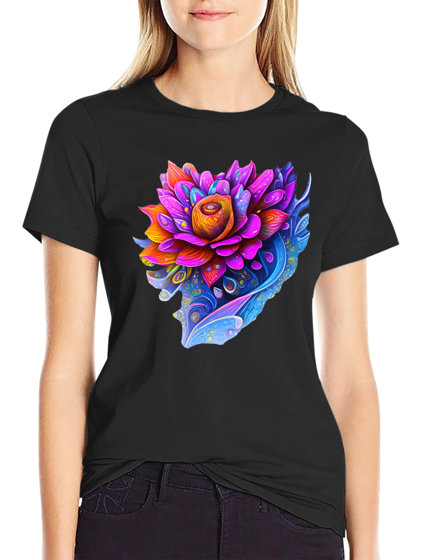 Vibrant Lotus Flower Graphic Black T-Shirt
