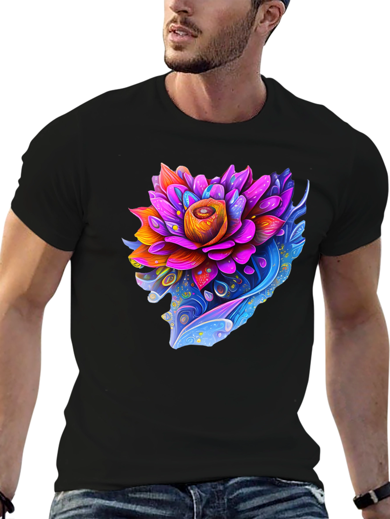 Vibrant Lotus Flower Graphic Black T-Shirt