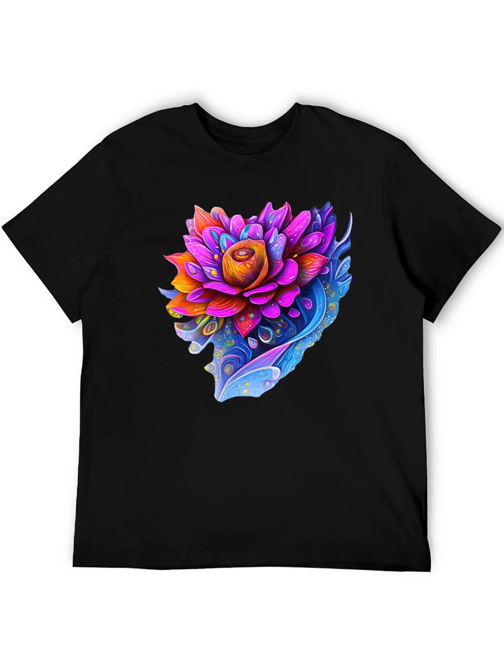 Vibrant Lotus Flower Graphic Black T-Shirt