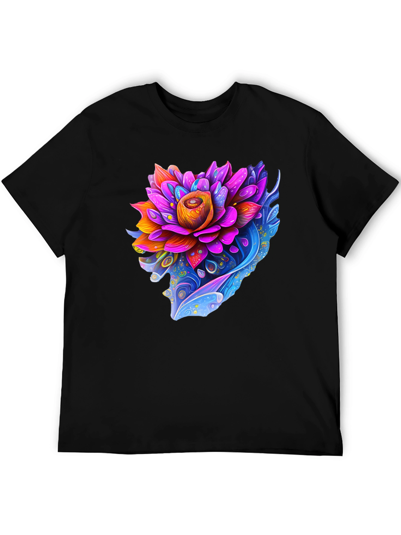 Vibrant Lotus Flower Graphic Black T-Shirt