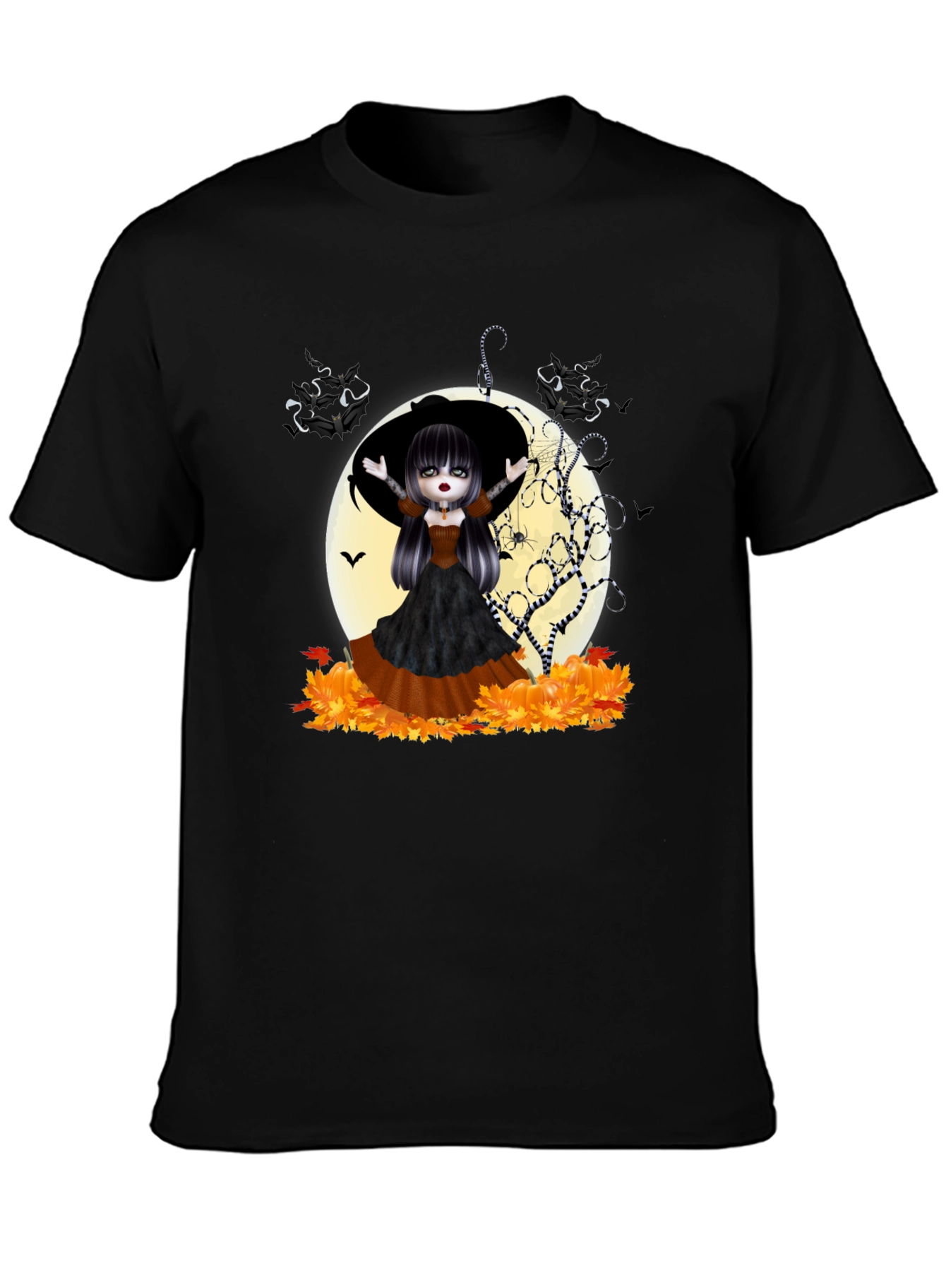 Halloween Witch Girl Graphic Tee - Black