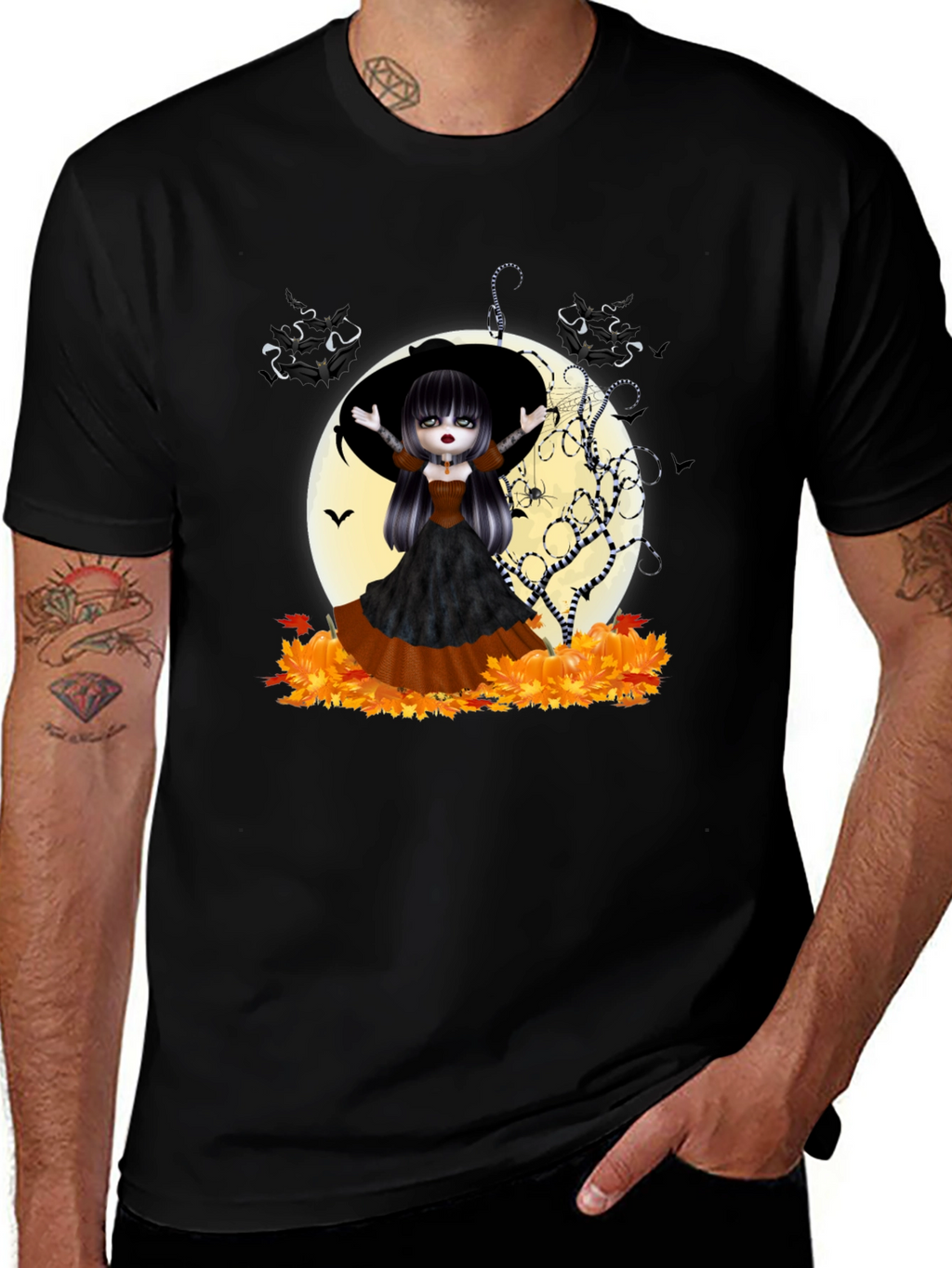 Halloween Witch Girl Graphic Tee - Black