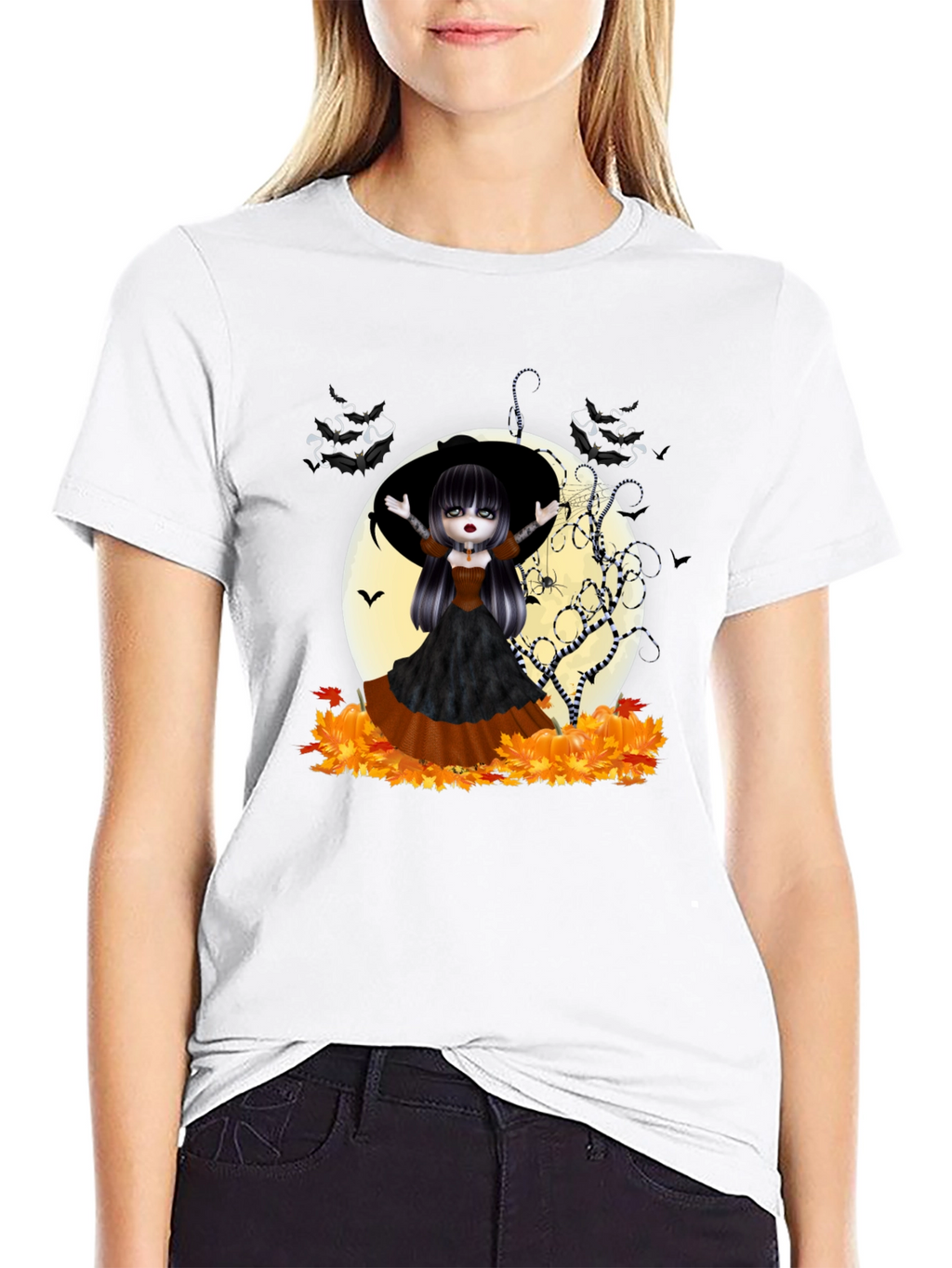 Halloween Witch Girl Graphic Tee - Black