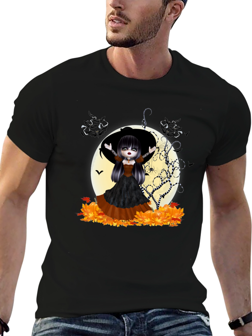 Halloween Witch Girl Graphic Tee - Black