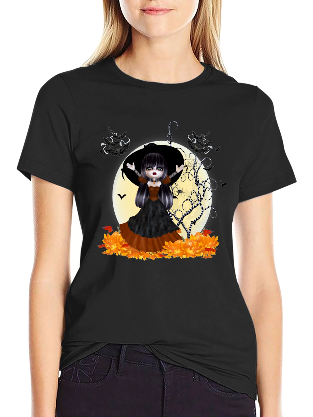 Halloween Witch Girl Graphic Tee - Black