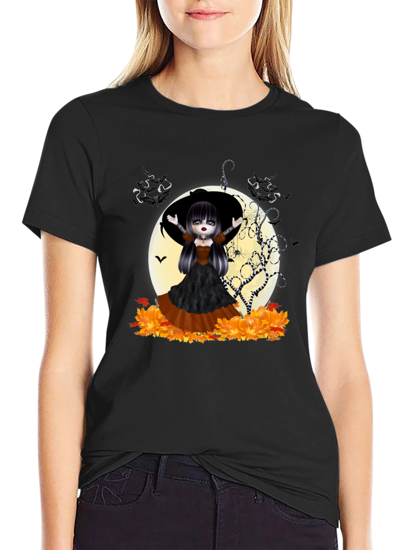Halloween Witch Girl Graphic Tee - Black
