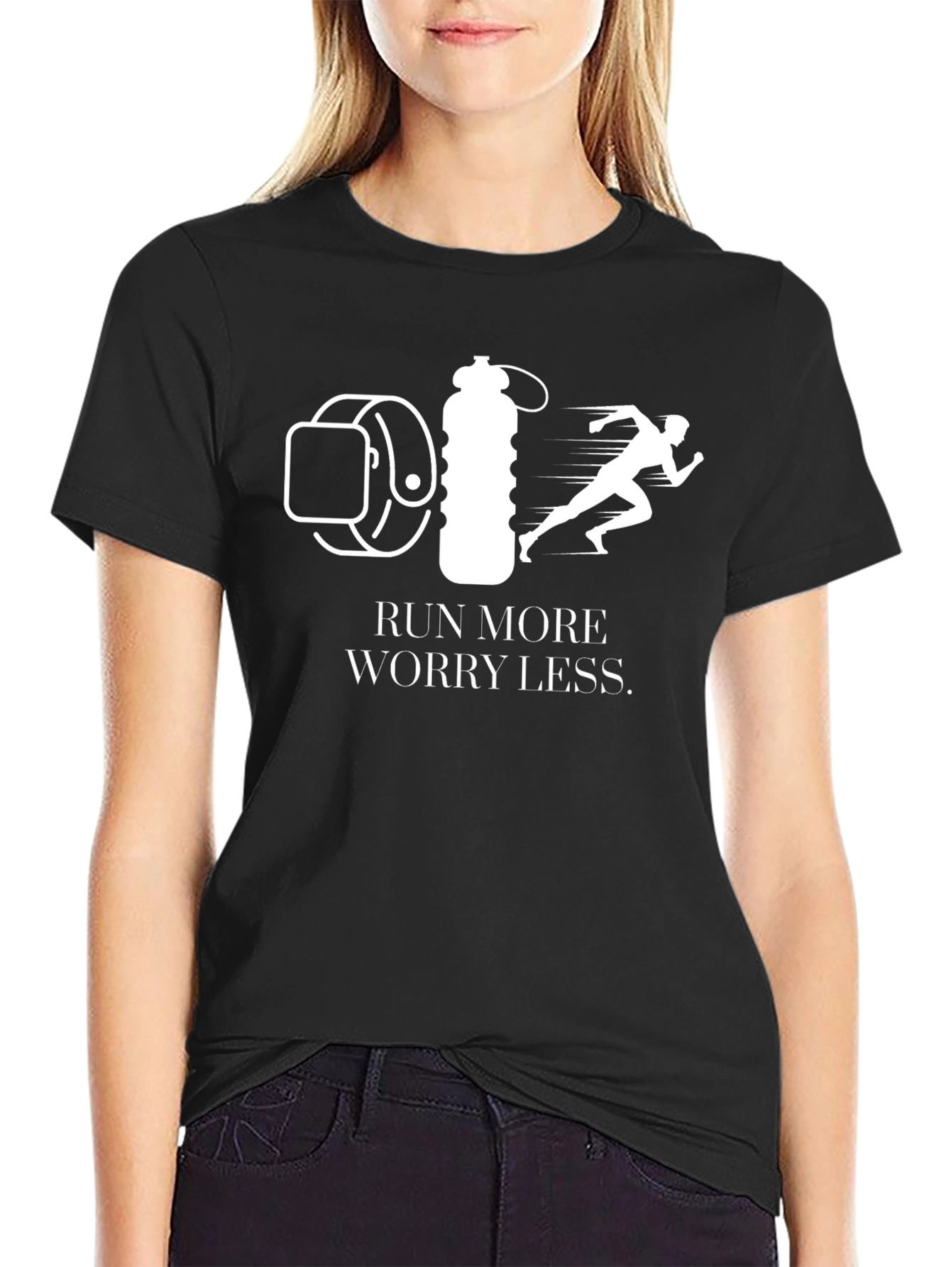 Run More Worry Less Graphic T-Shirt - Black