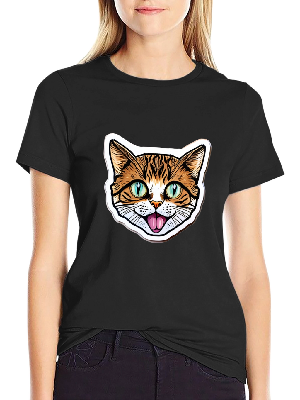 Cat Face Graphic Black T-Shirt