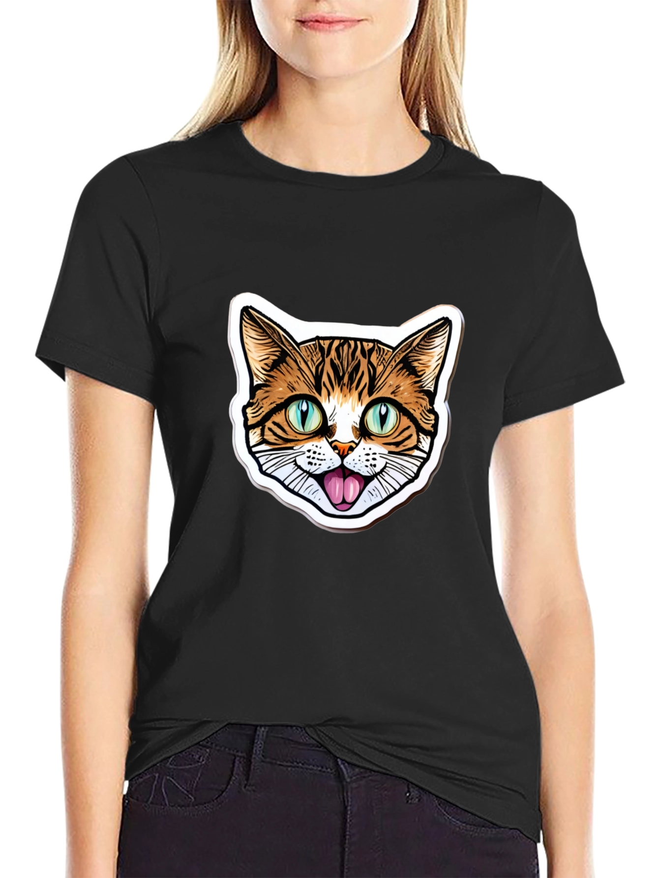 Cat Face Graphic Black T-Shirt