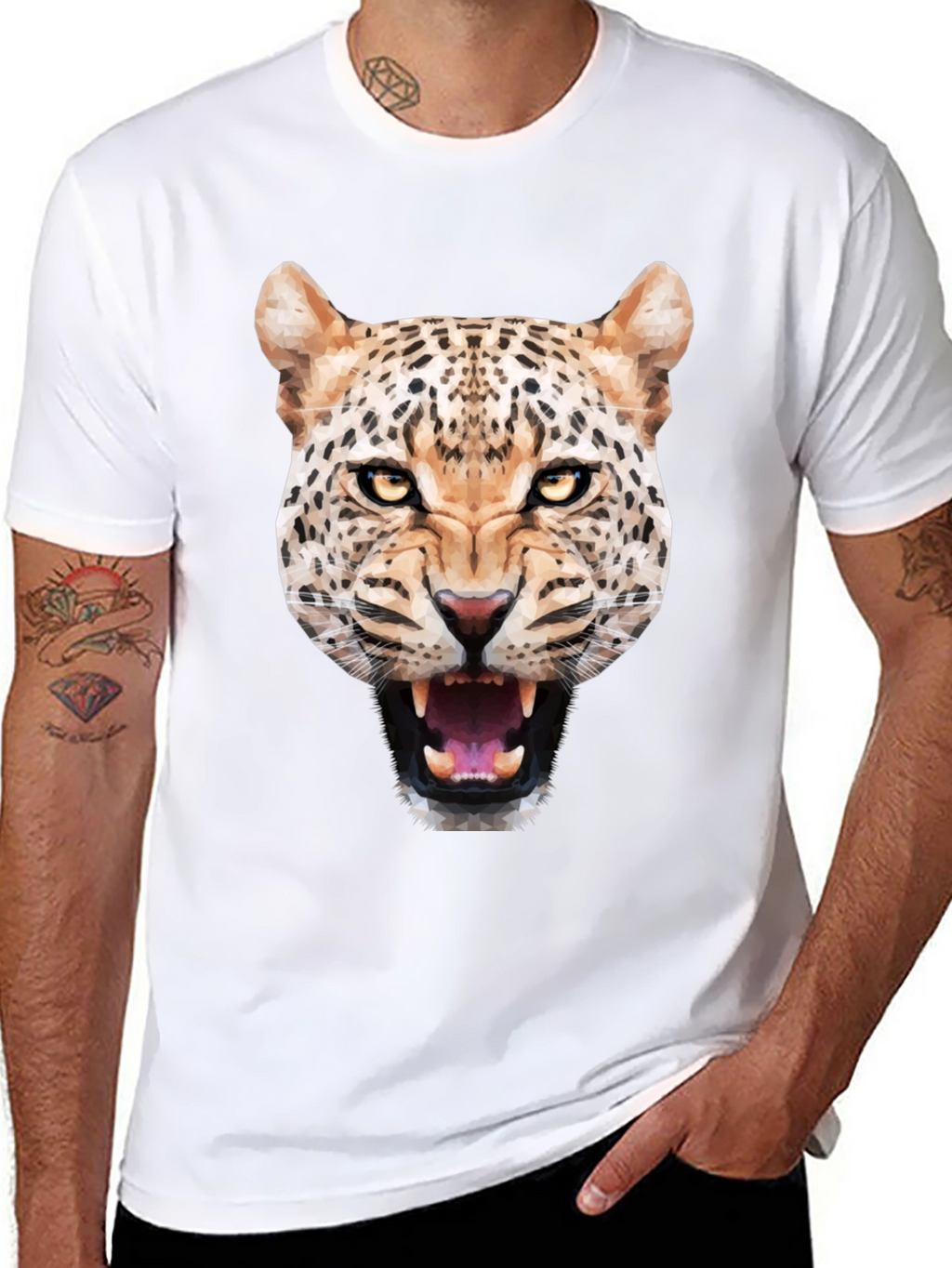 Mens Black T-Shirt with Geometric Leopard Graphic