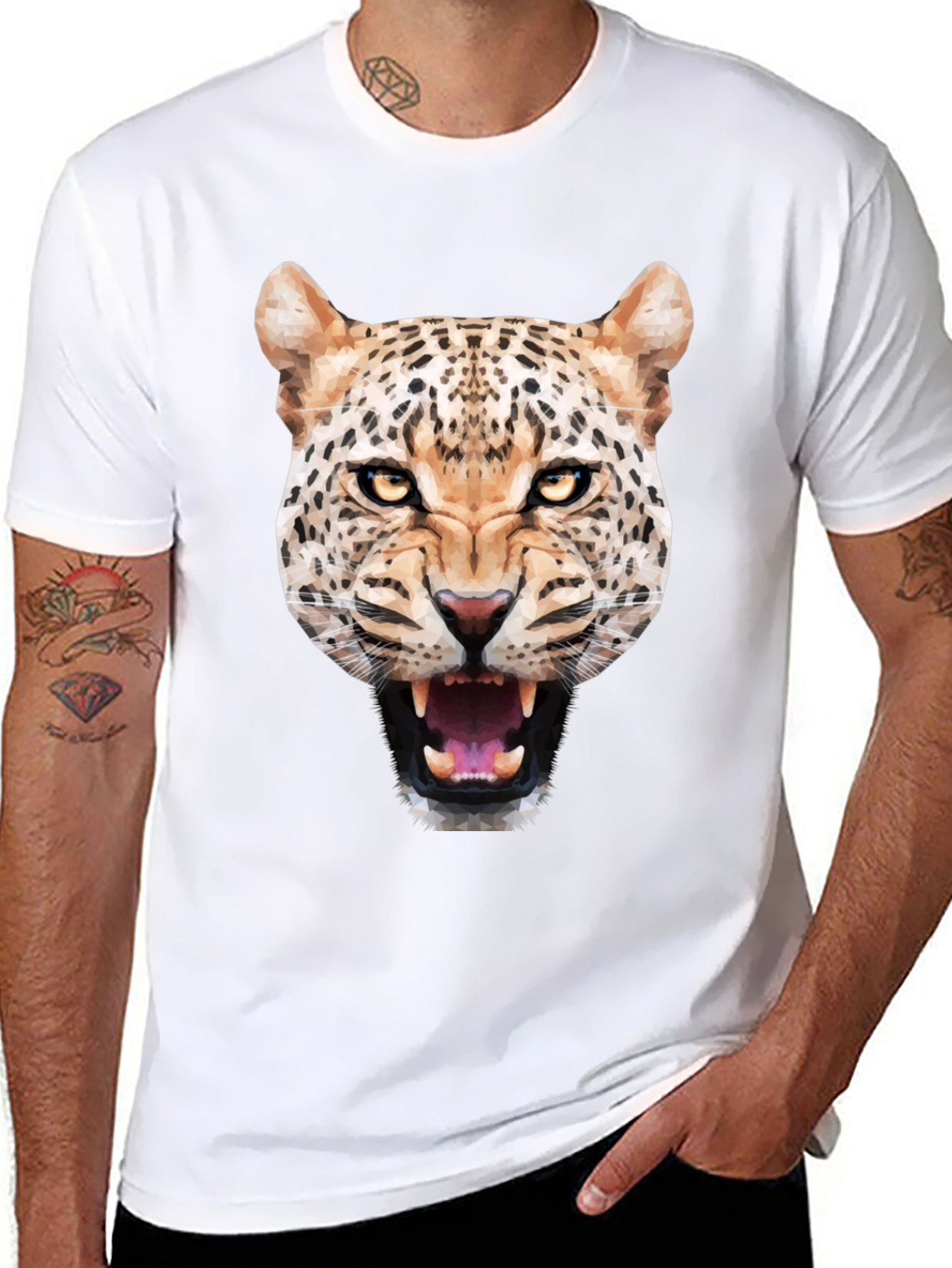 Mens Black T-Shirt with Geometric Leopard Graphic