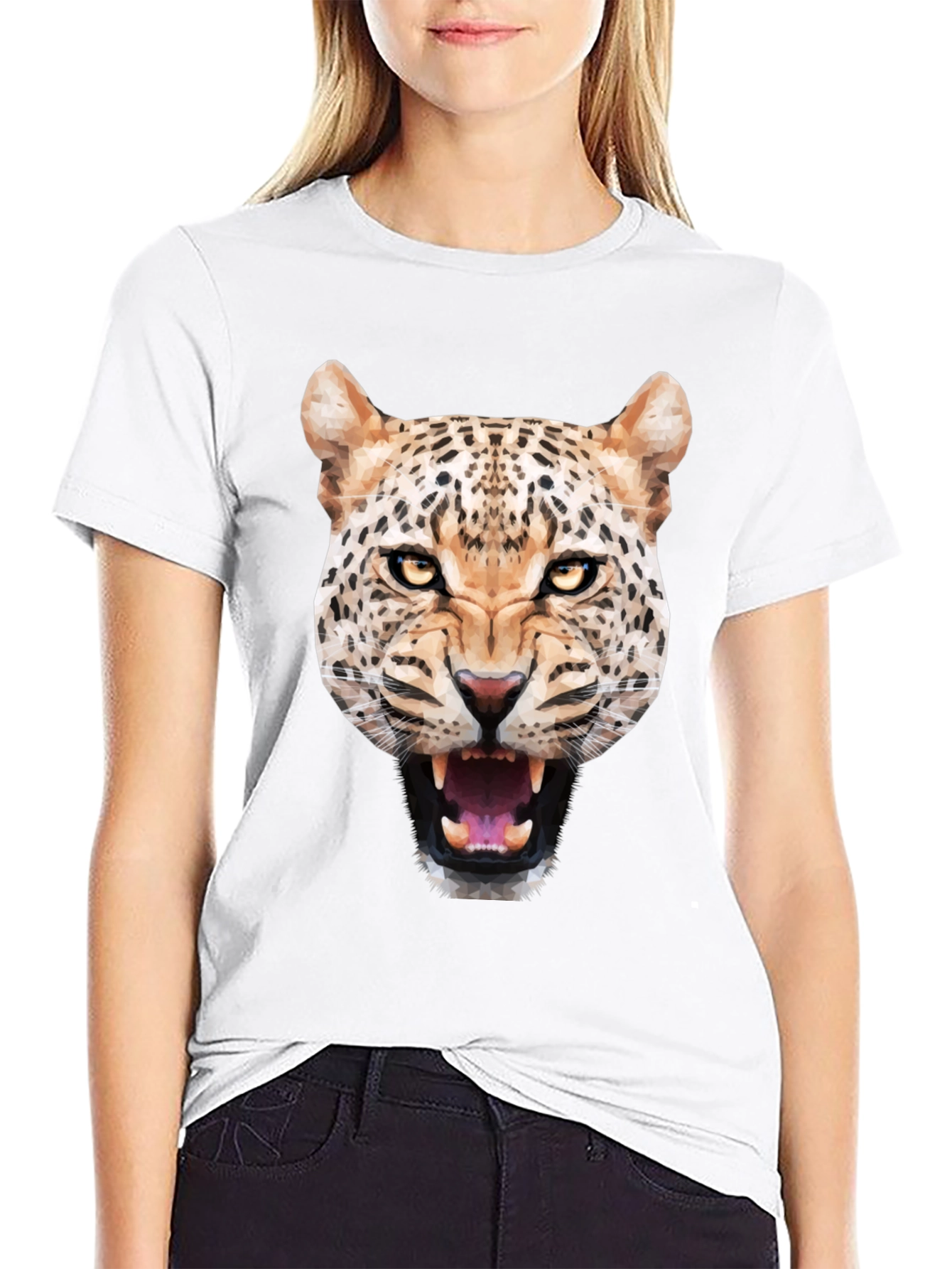 Mens Black T-Shirt with Geometric Leopard Graphic