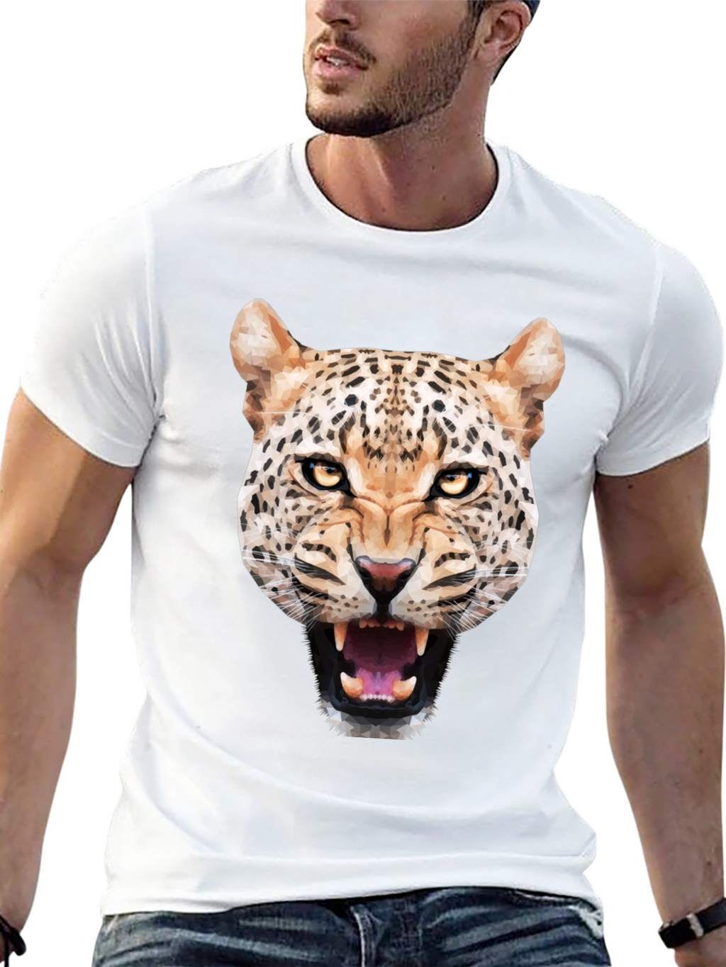 Mens Black T-Shirt with Geometric Leopard Graphic