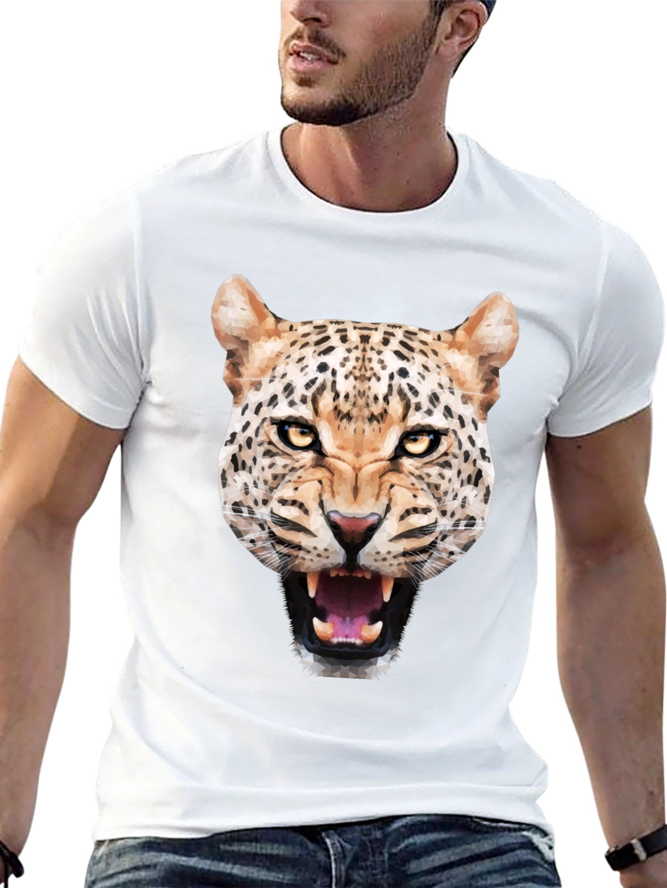 Mens Black T-Shirt with Geometric Leopard Graphic