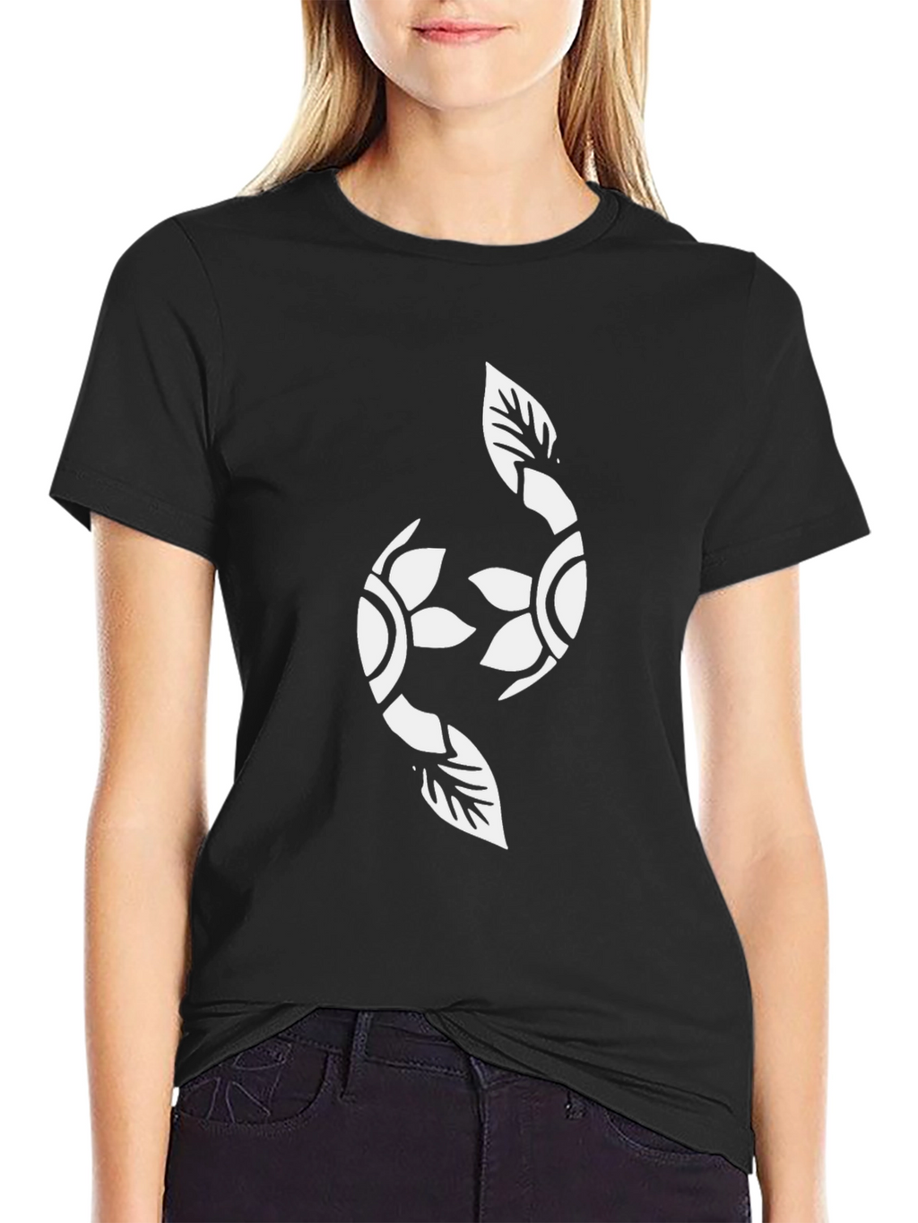 Black Graphic Tee with Floral Yin Yang