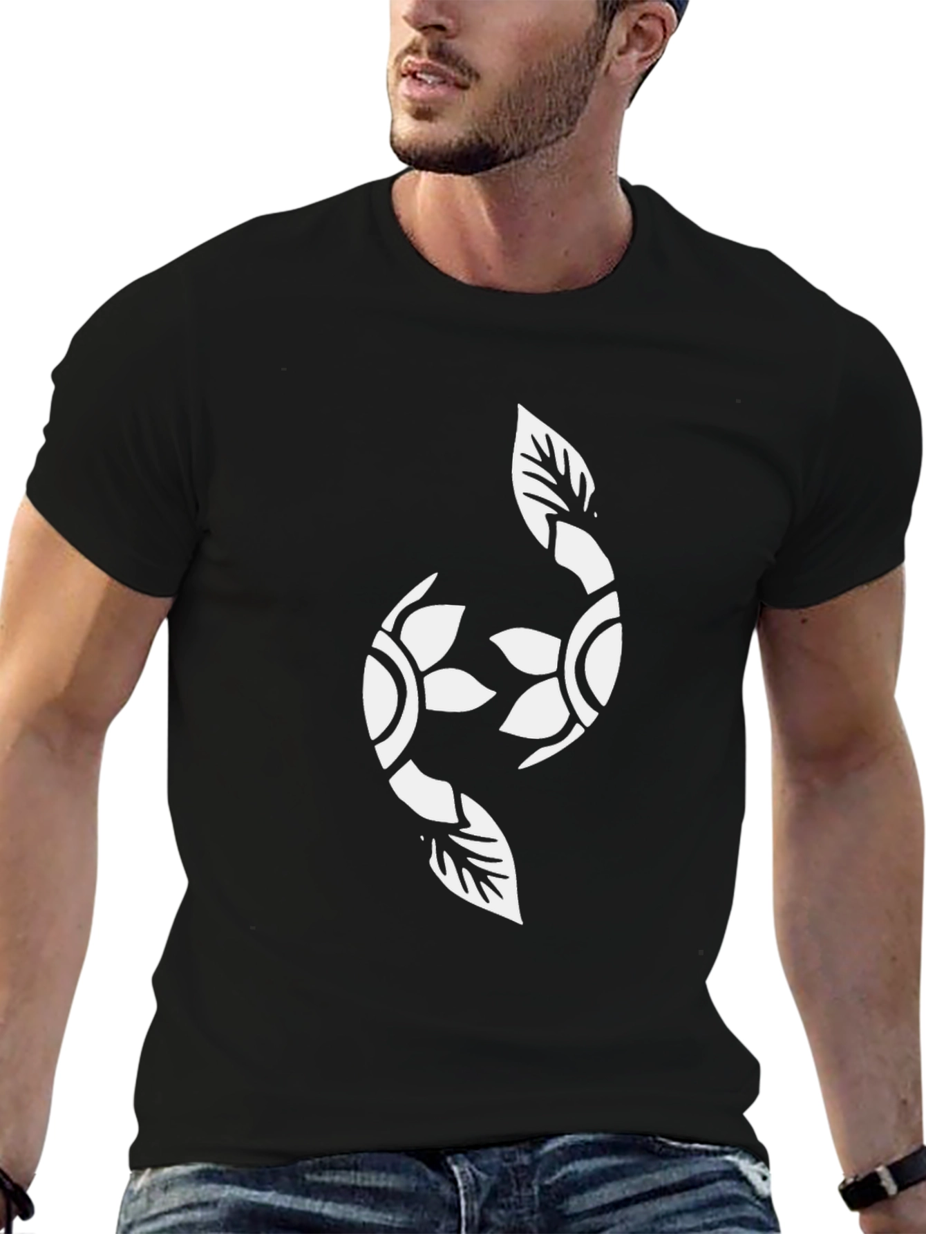 Black Graphic Tee with Floral Yin Yang