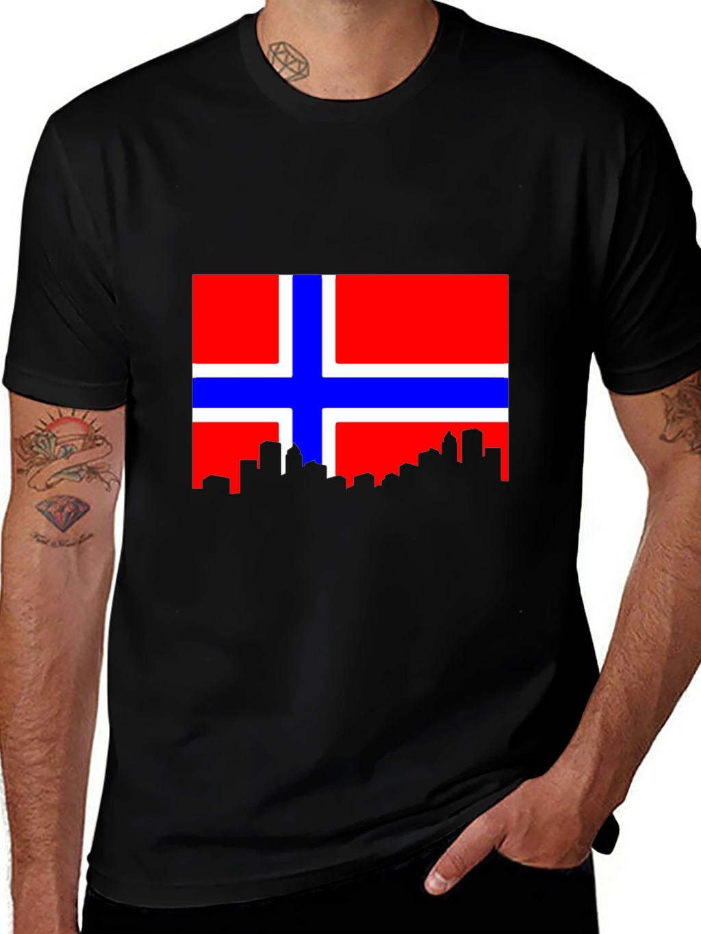 Norway Flag Skyline Black Tee Shirt
