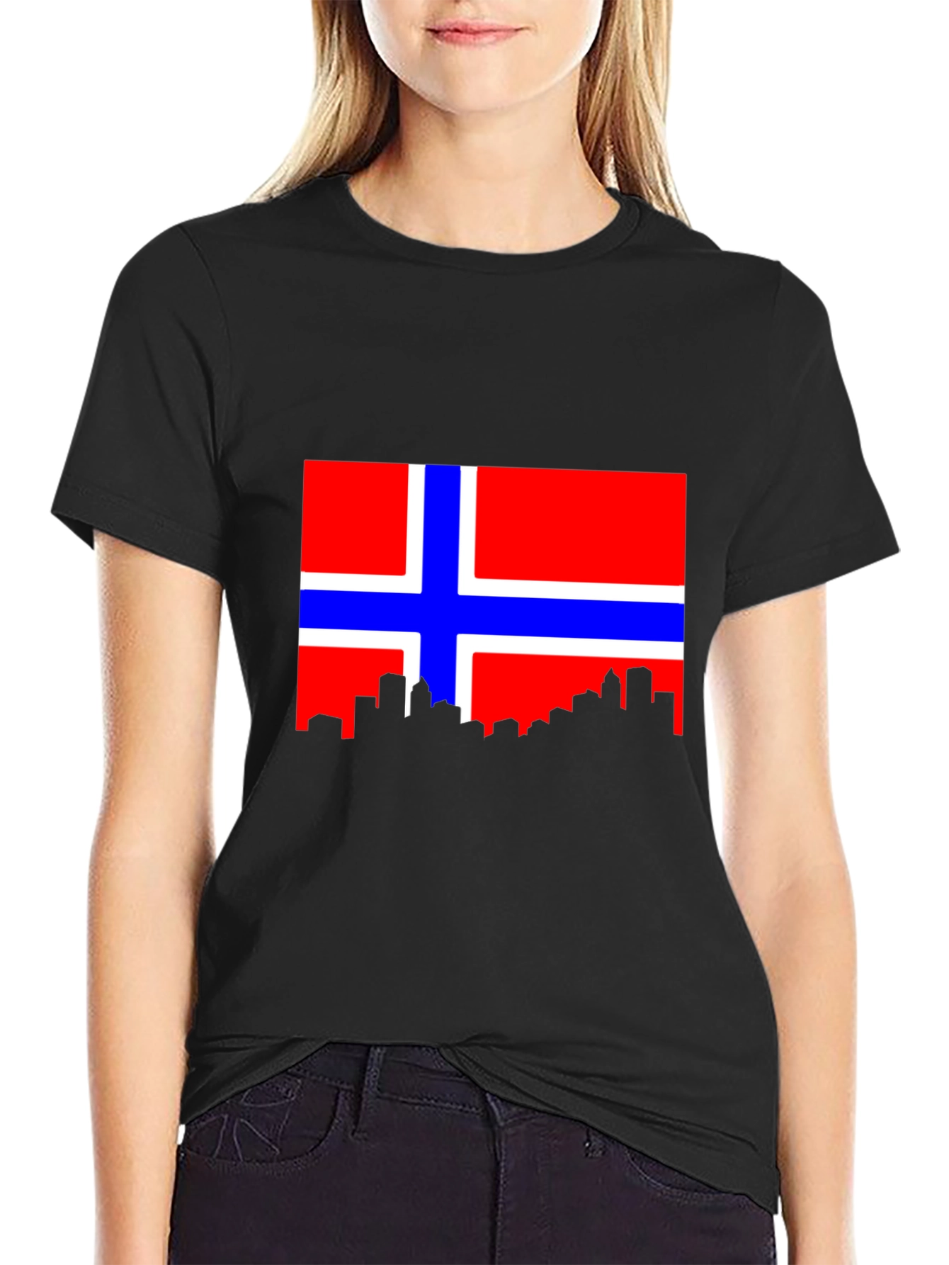 Norway Flag Skyline Black Tee Shirt