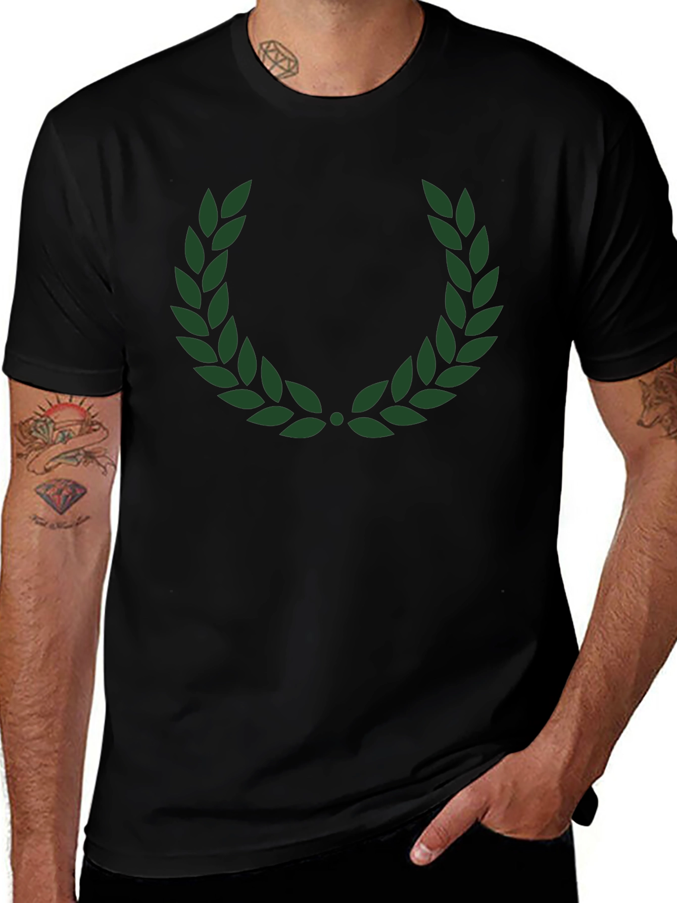 Mens Black T-Shirt with Green Laurel Wreath Design