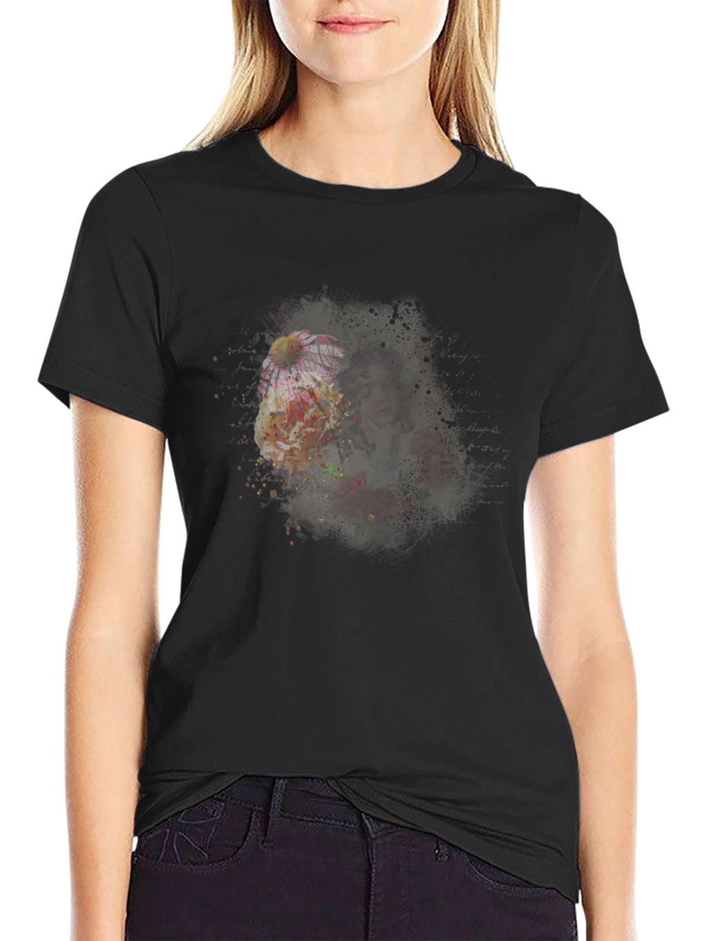 Floral Portrait Mens Black T-Shirt