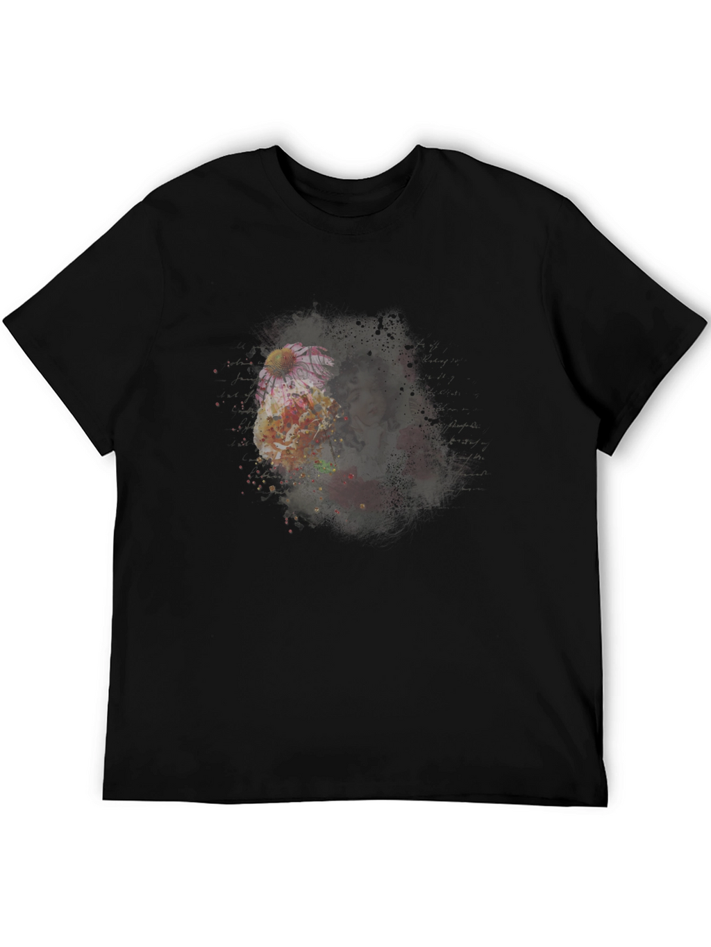 Floral Portrait Mens Black T-Shirt