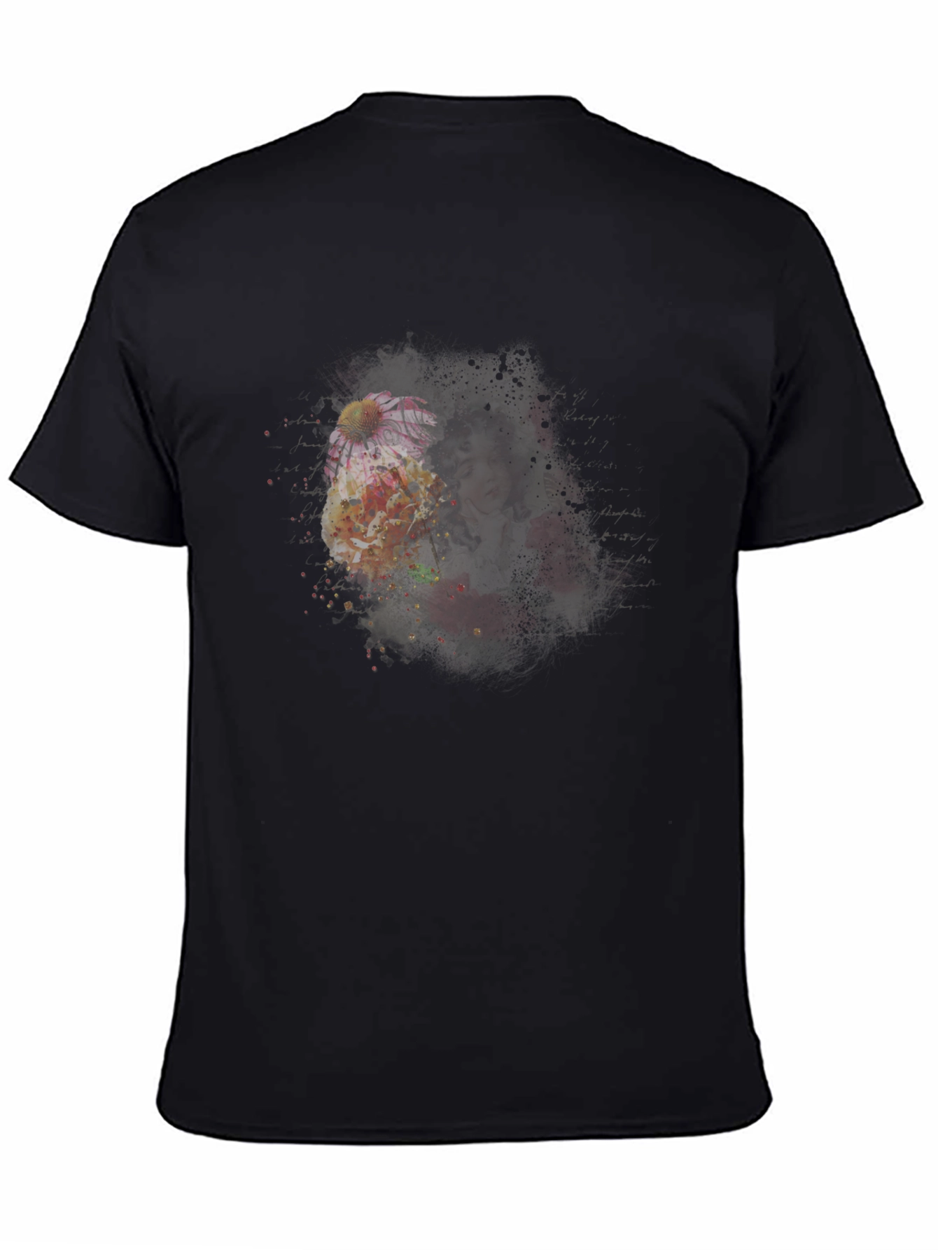 Floral Portrait Mens Black T-Shirt