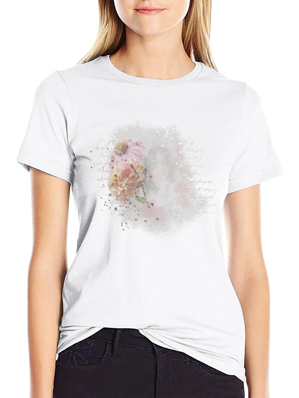 Floral Portrait Mens Black T-Shirt