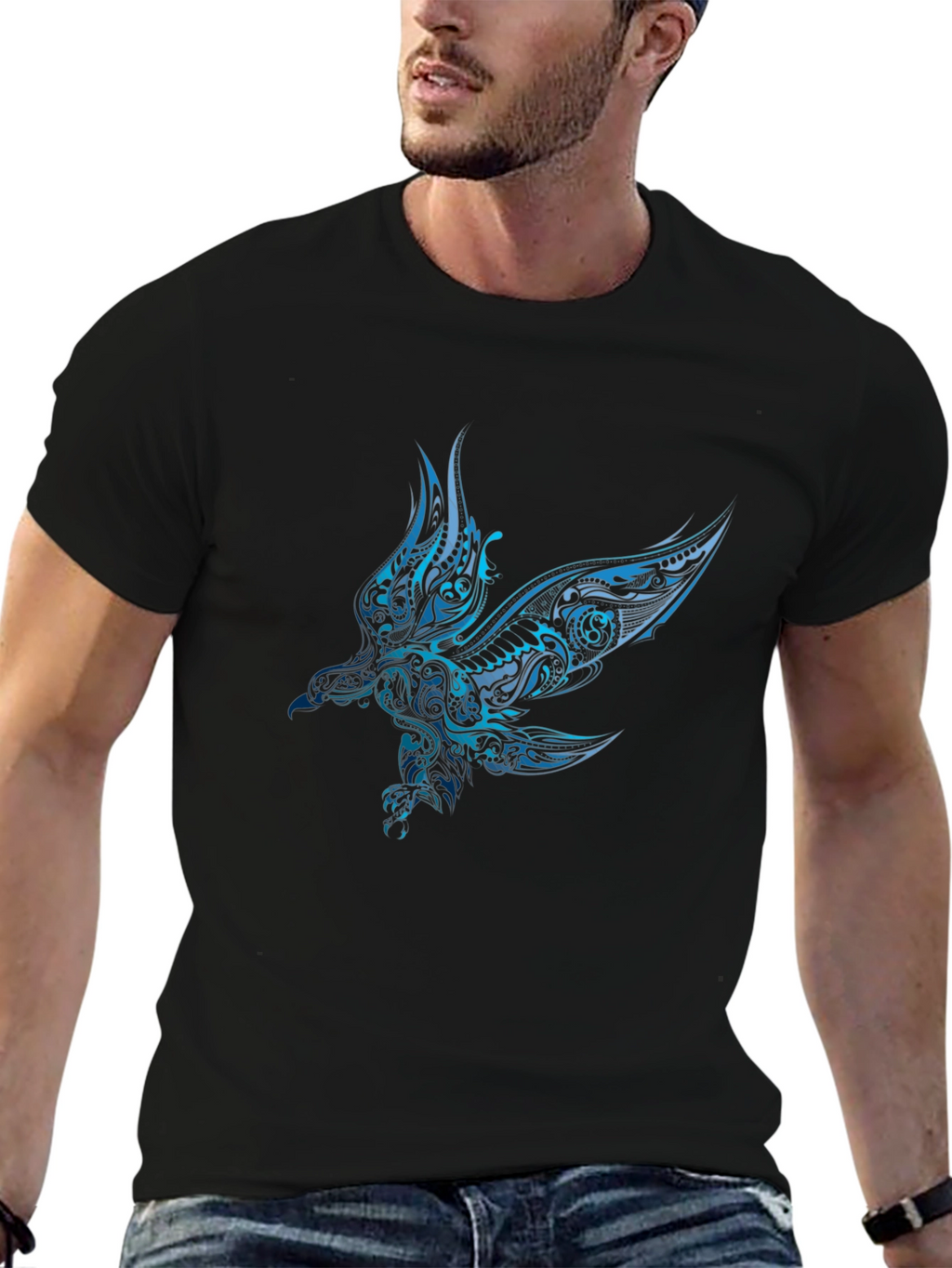Mens Black T-shirt with Blue Eagle Design