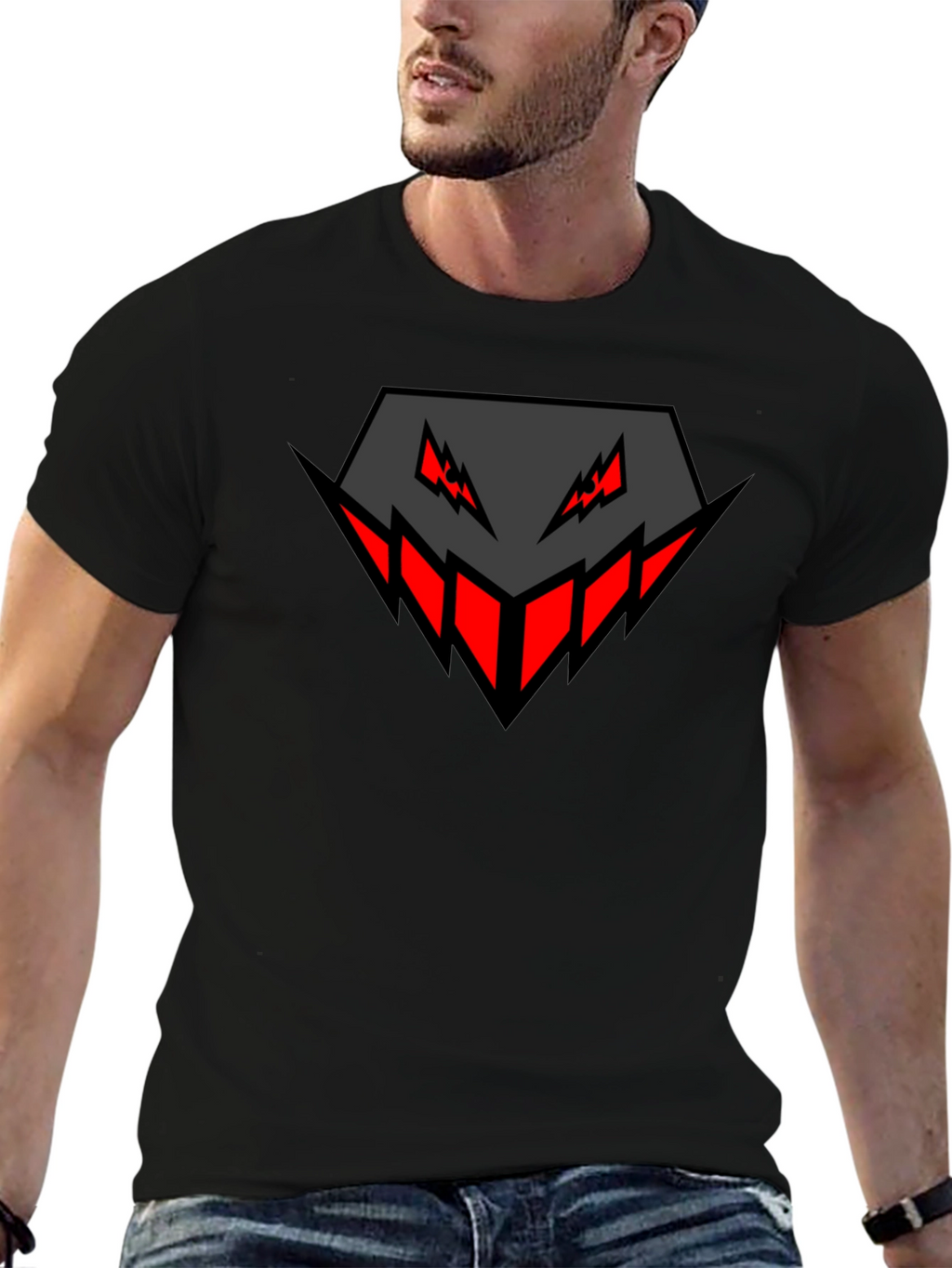 Mens Black Graphic Tee - Geometric Monster Design