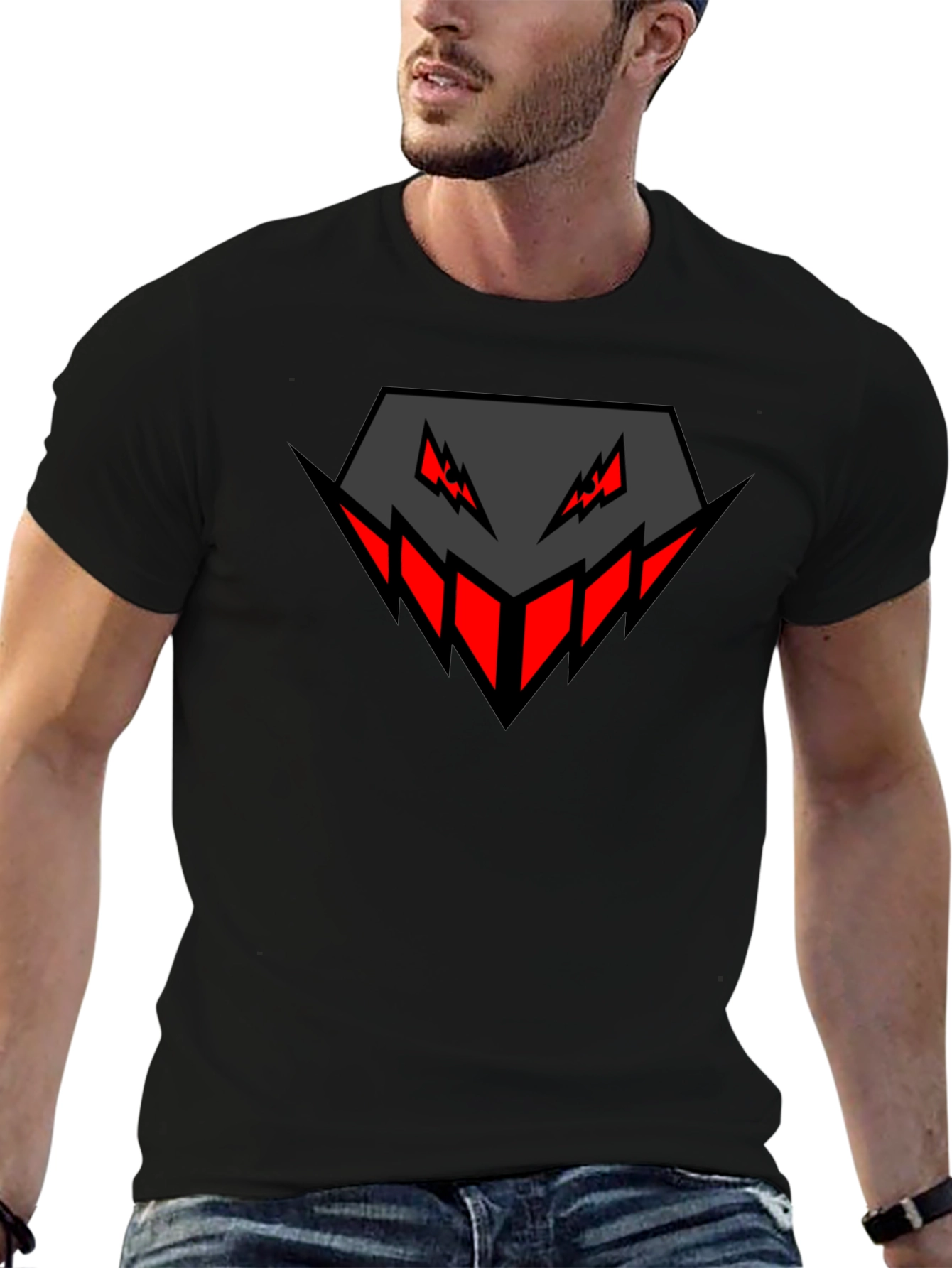 Mens Black Graphic Tee - Geometric Monster Design