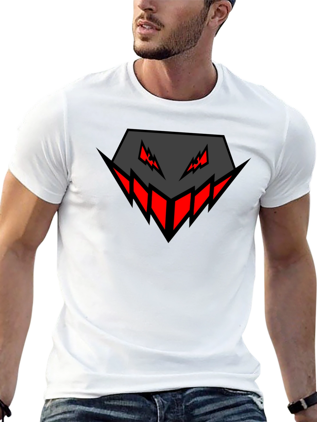 Mens Black Graphic Tee - Geometric Monster Design
