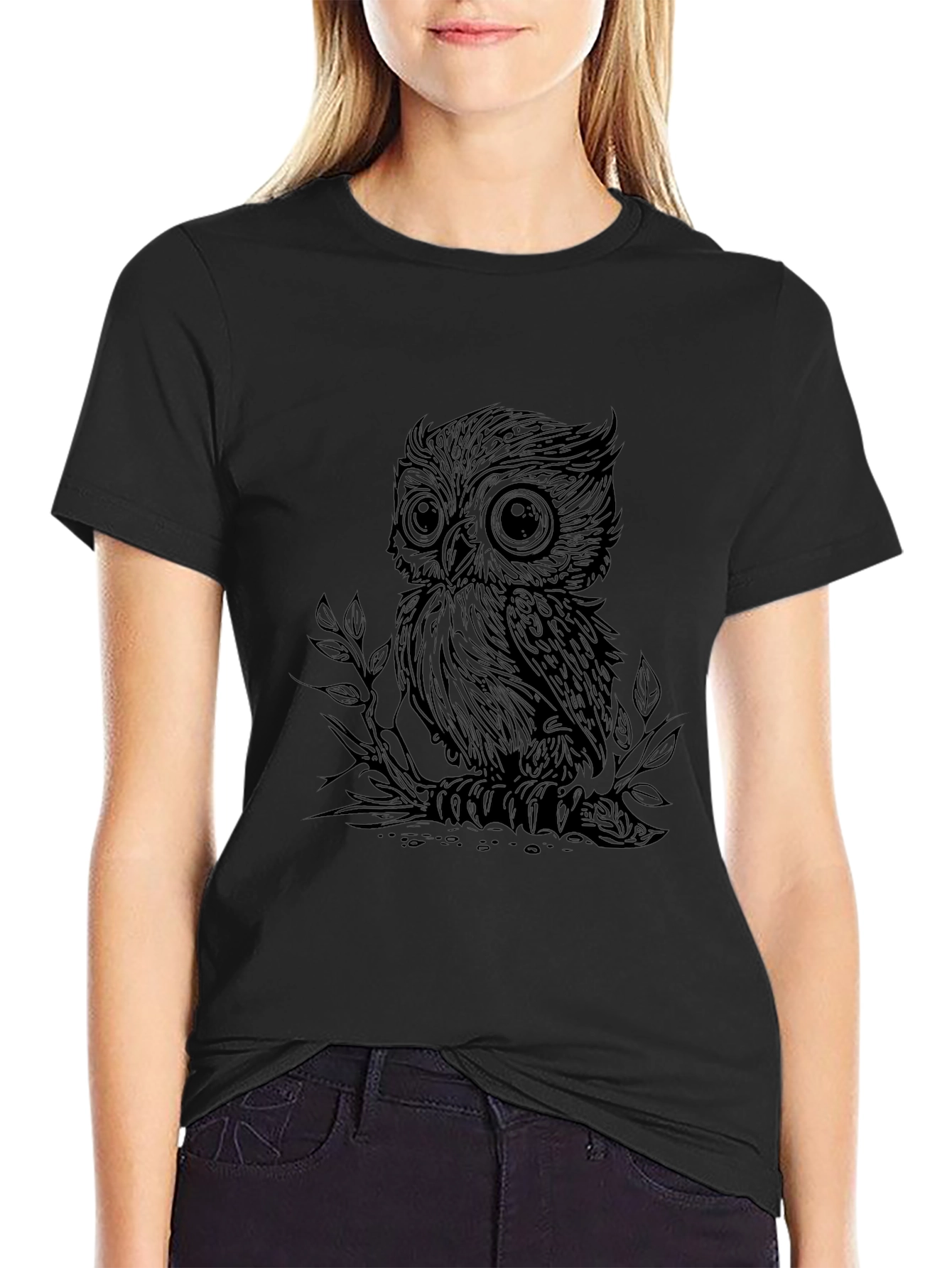 Owl Graphic Print T-Shirt - Casual Black Tee