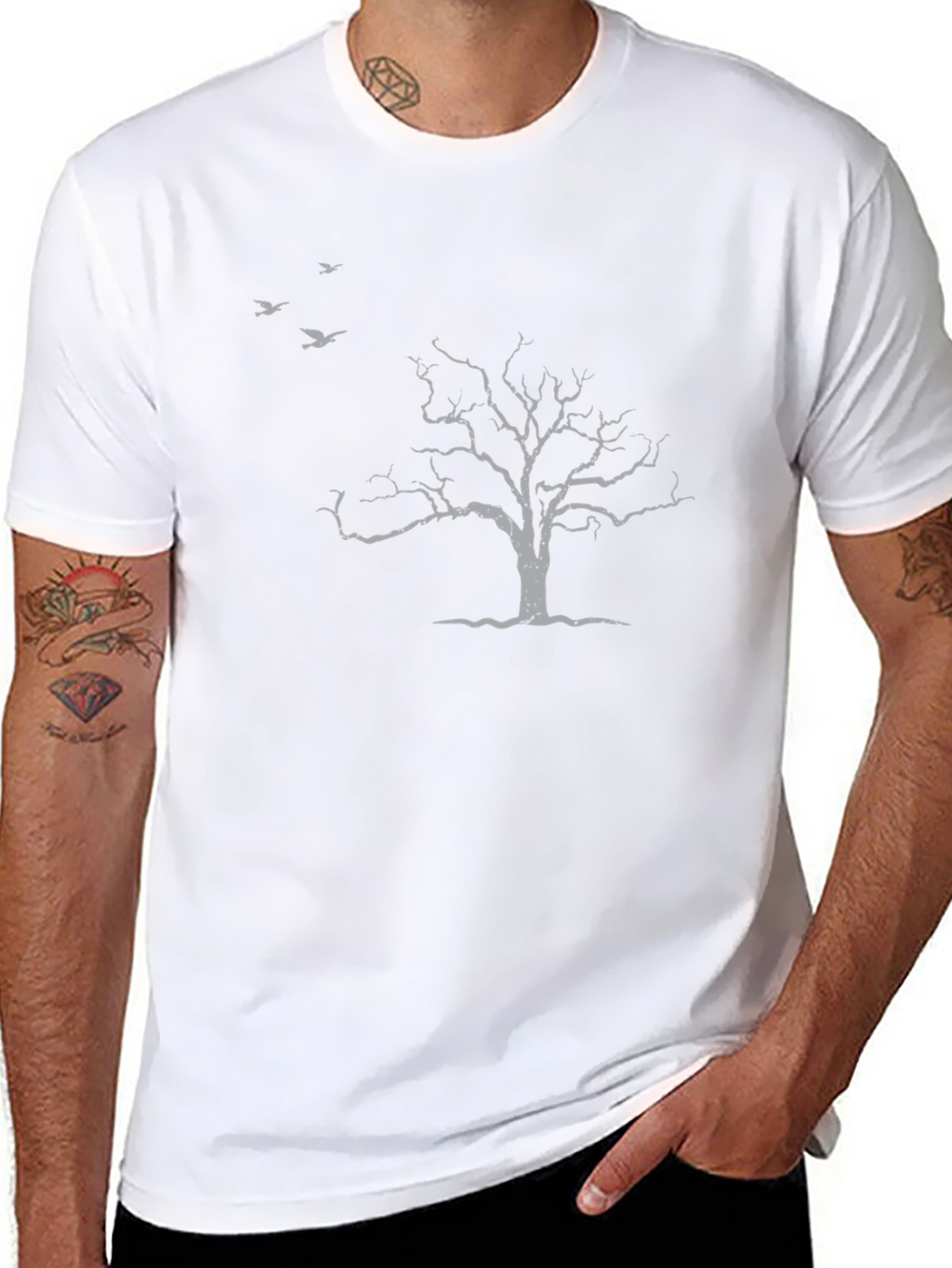 Mens Black T-Shirt with Tree & Birds Design