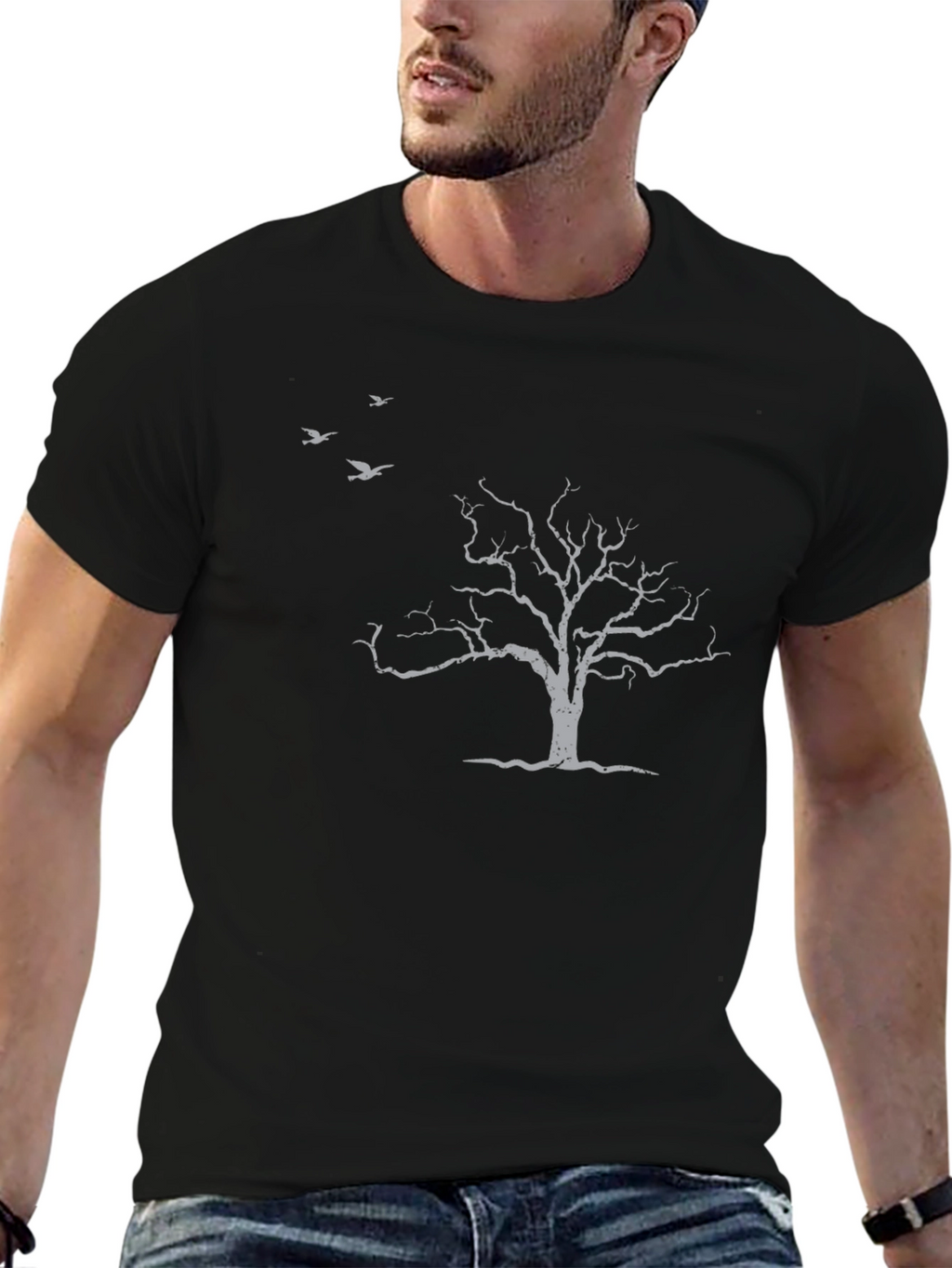 Mens Black T-Shirt with Tree & Birds Design