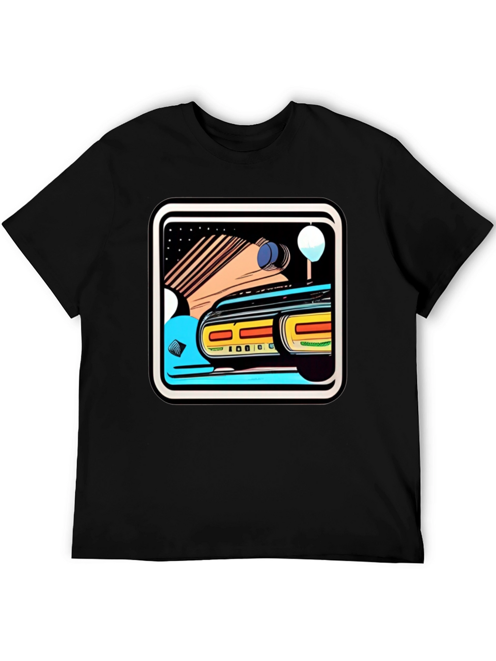Retro Style Car Graphic Tee - Black Cotton Blend