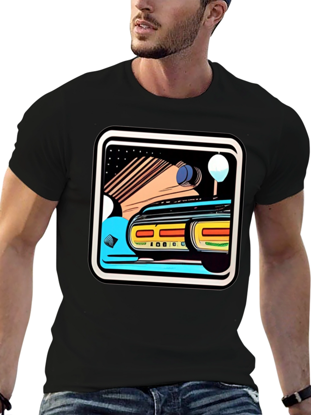 Retro Style Car Graphic Tee - Black Cotton Blend