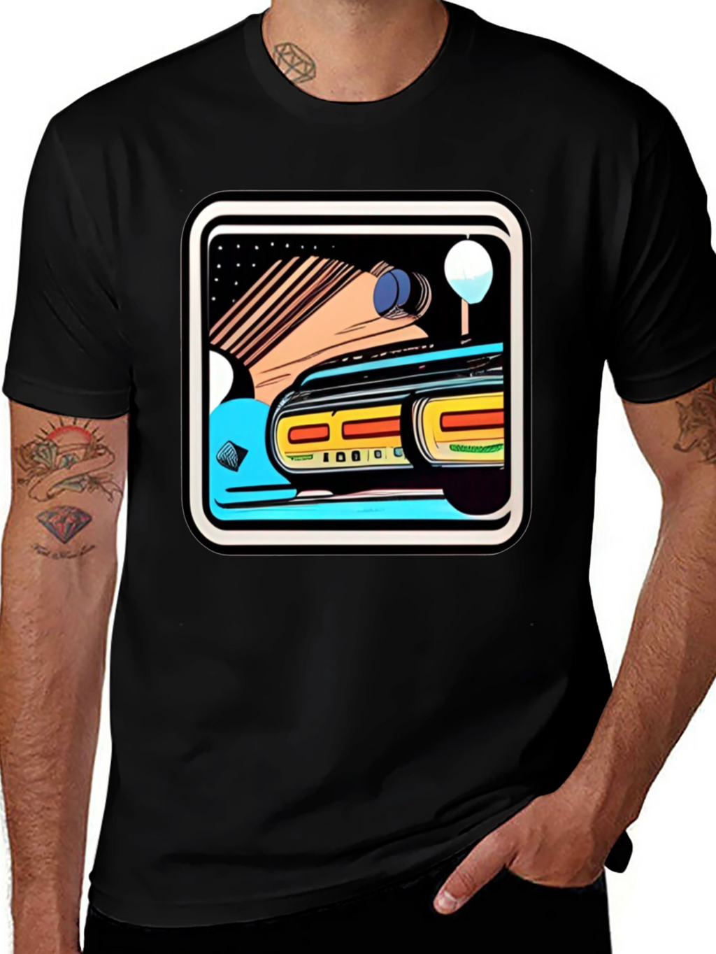 Retro Style Car Graphic Tee - Black Cotton Blend