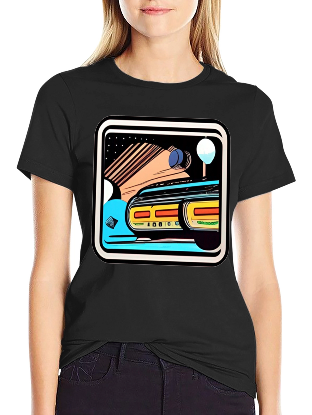Retro Style Car Graphic Tee - Black Cotton Blend