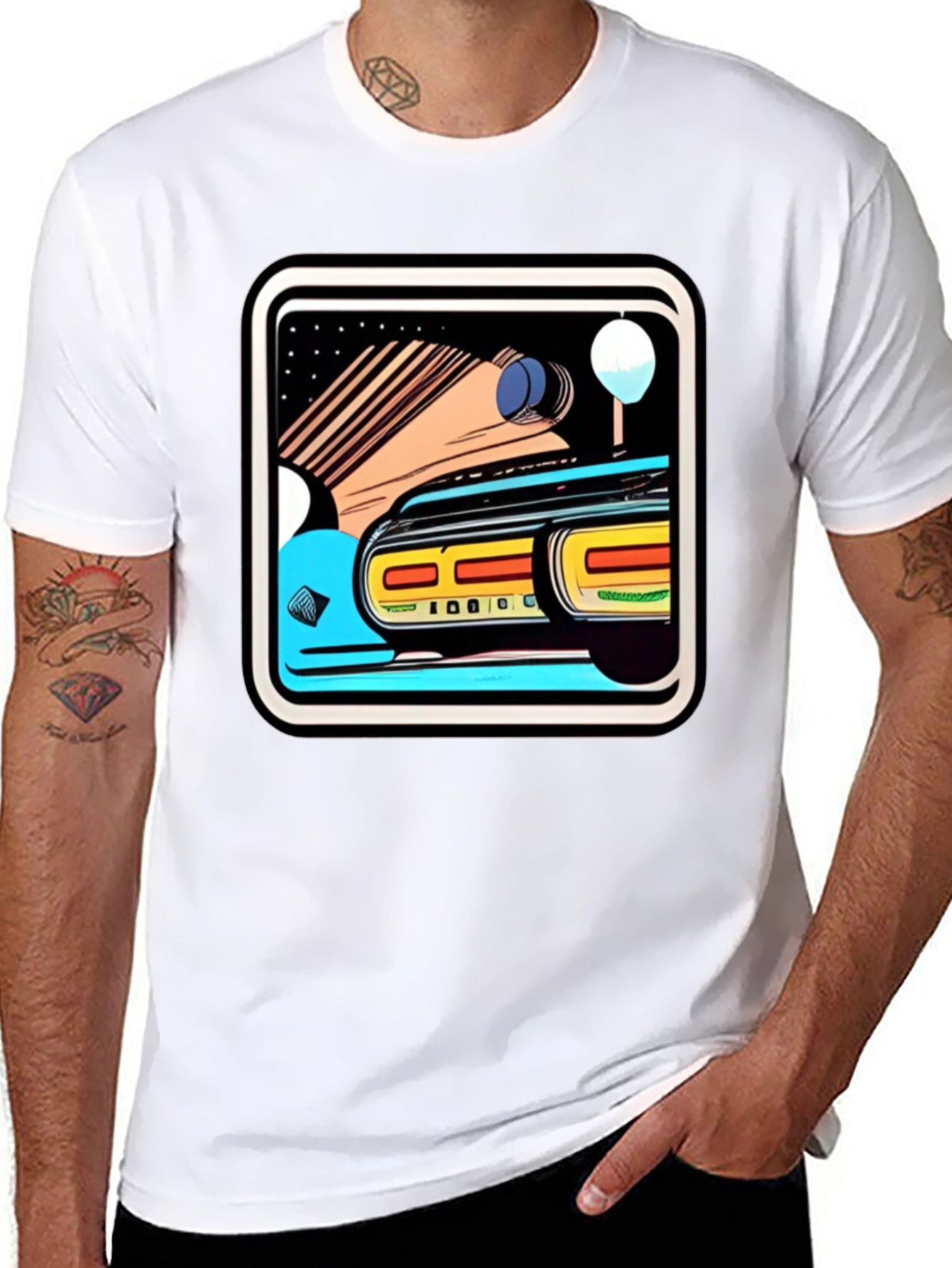Retro Style Car Graphic Tee - Black Cotton Blend